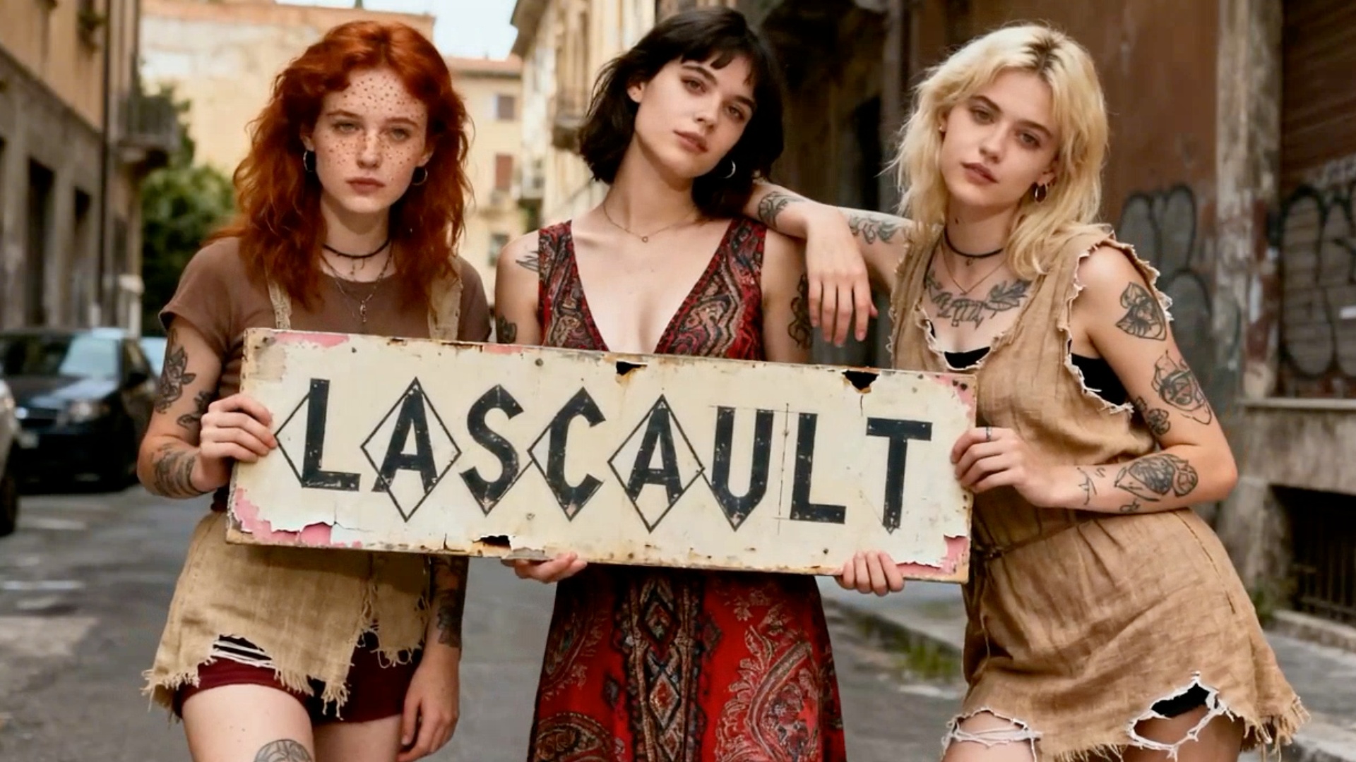 Les jeunes femmes se dandinent, fatiguées, en tenant la pancarte. La rousse bâille impudemment.