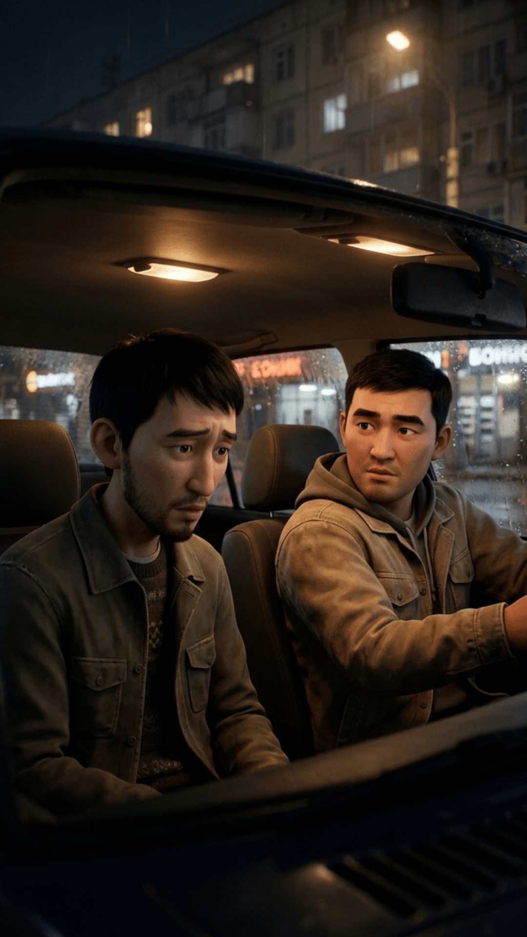 Vertical 9:16 video.

Inside a car at night. Azamat looks stressed and speaks honestly. His frien...