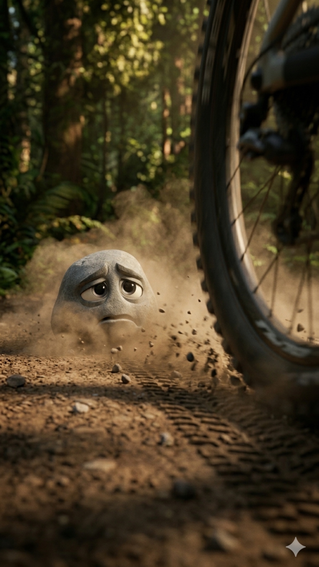 A fast-paced, dynamic 3D animation opening. A mountain biker races past a small, grey stone on a ...