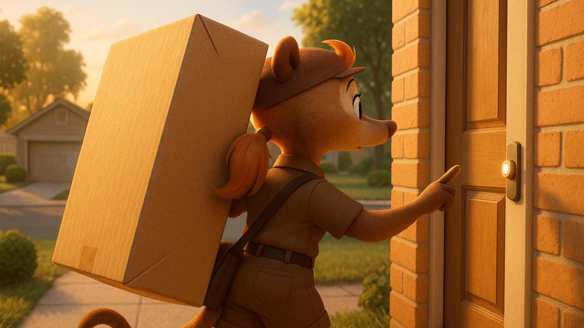 backview 3d animation of anthro female weasel, she is ringing the doorbell