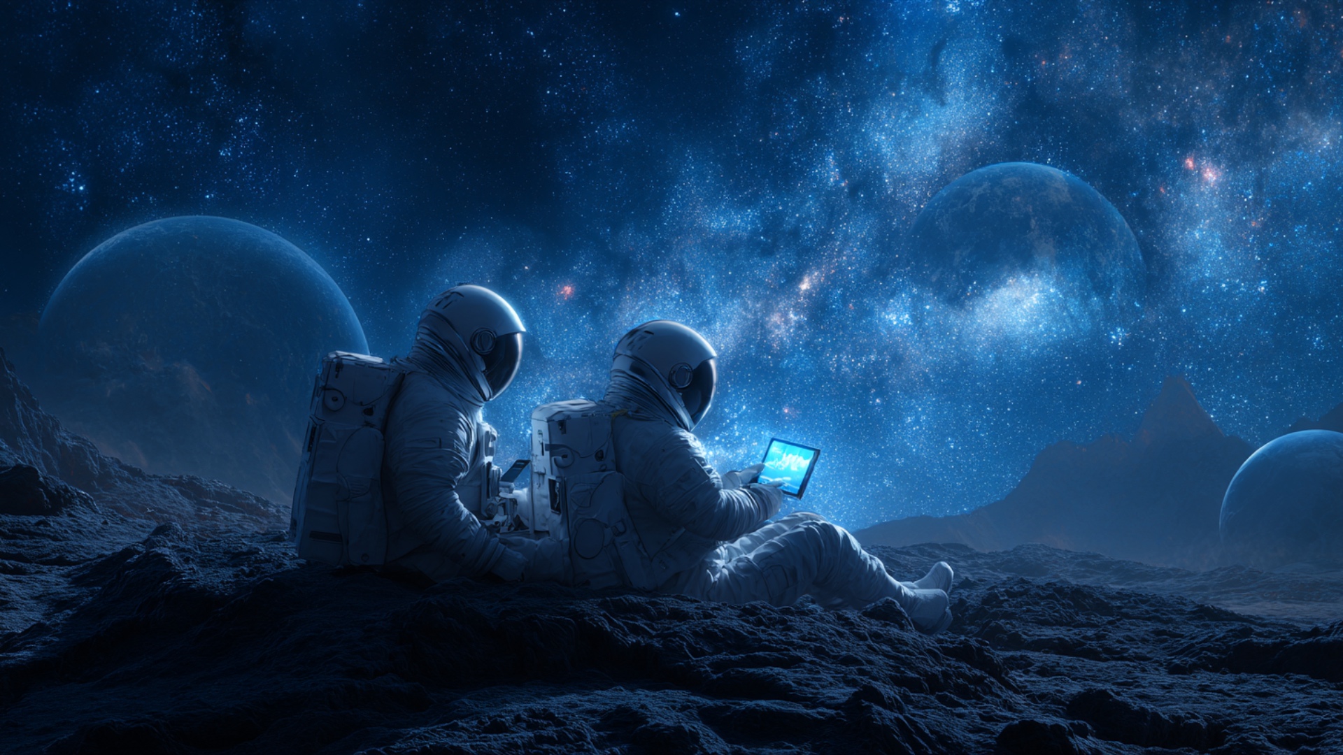 in the silence of deep space, two astronaut sits on a rocky surface, gently hovering weightless b...