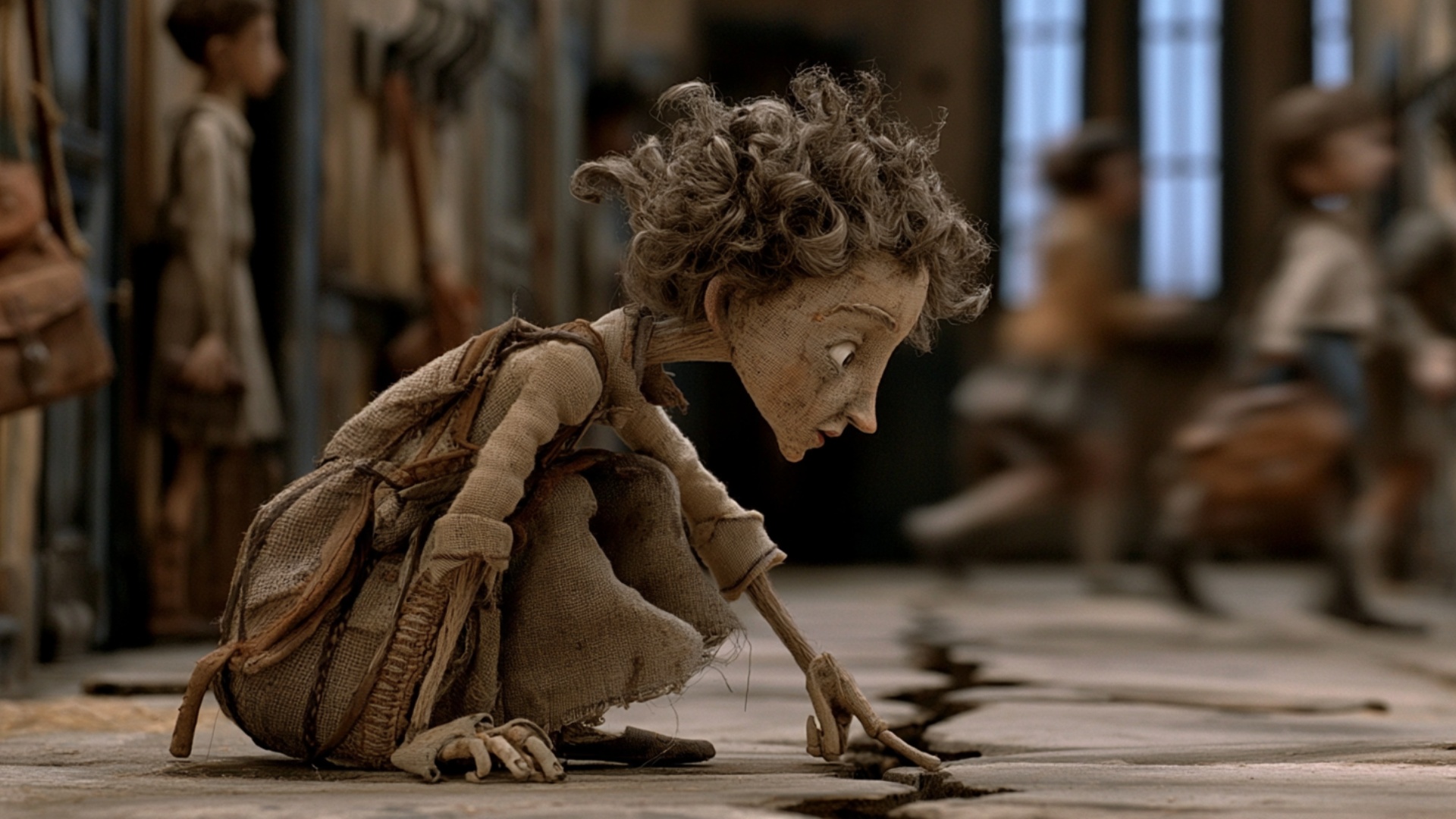 Start exactly from the provided image. The crouching child carefully follows the existing crack i...
