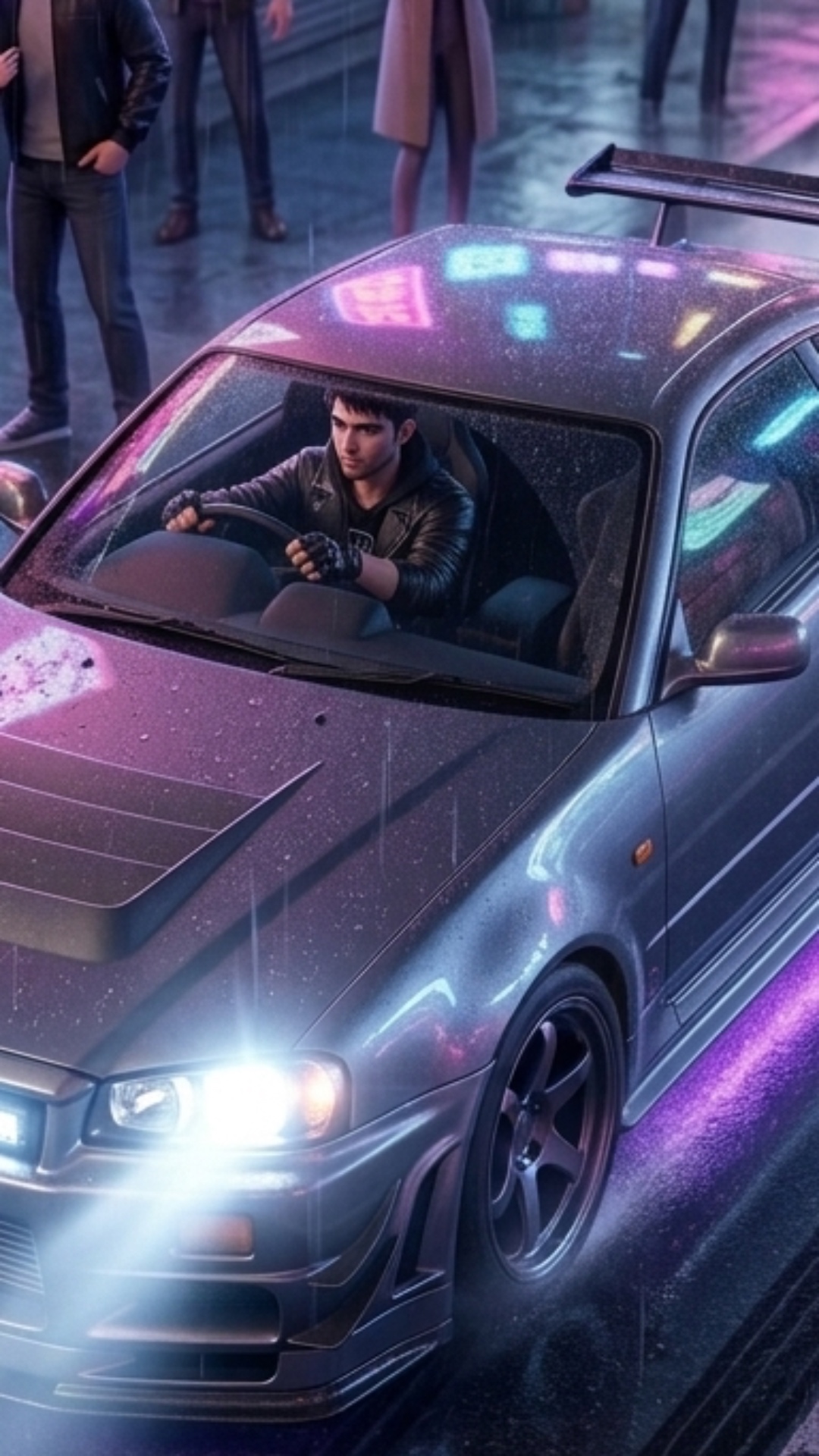 3D Pixar style cinematic shot. A dark sports car enters fast from the side, quick drift stop, tir...