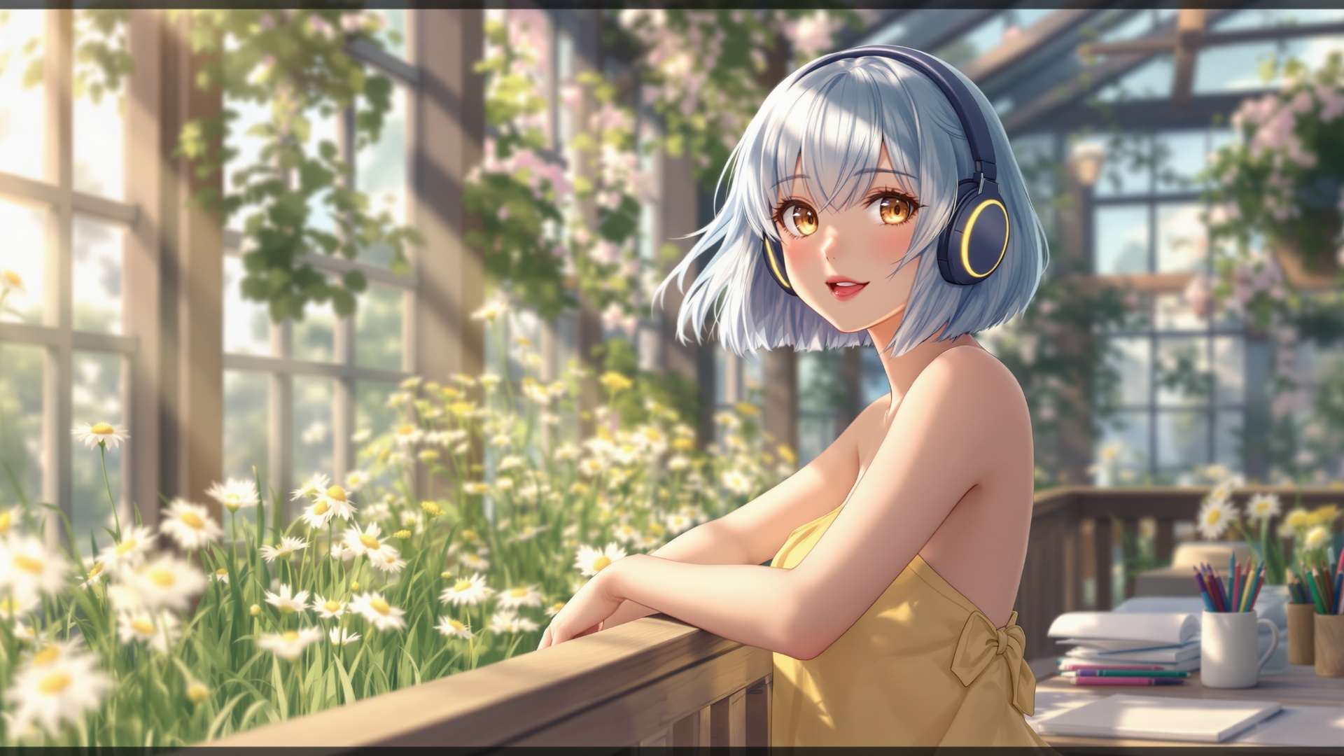 A beautiful anime girl with silky sky-blue hair cut in a short bob and deep golden eyes. Her chee...