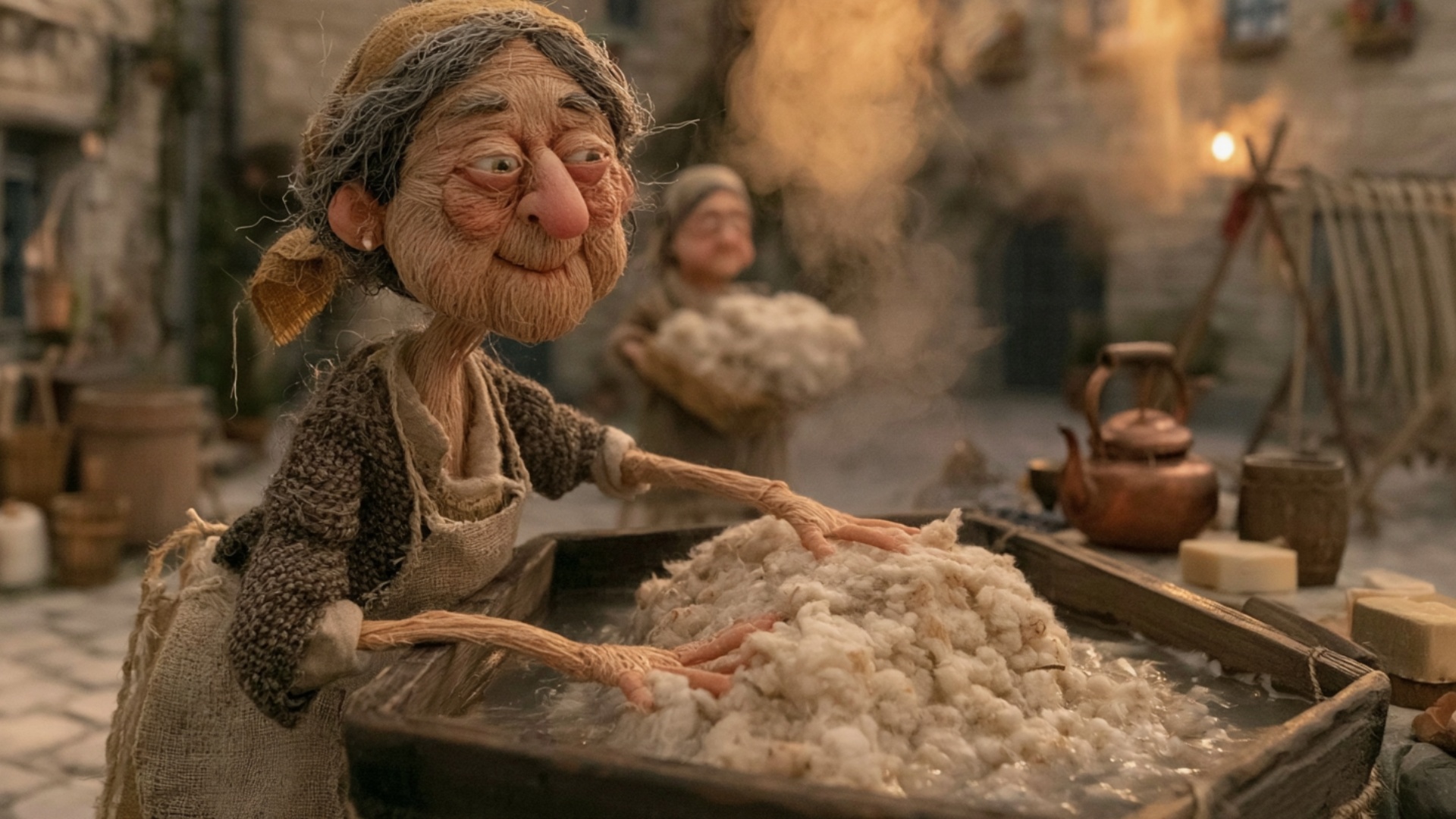 The woman presses the large mass of wool down into the warm water with both hands, then lifts and...