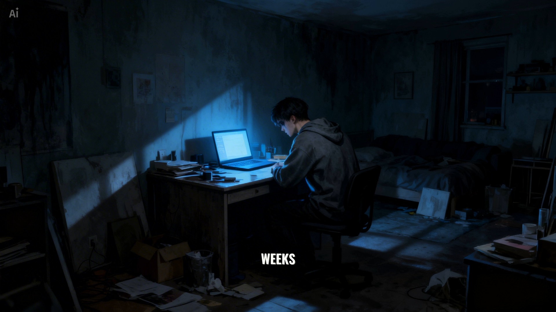 Hyper-realistic psychological horror. A man is frozen in terror, staring intensely at a flickerin...