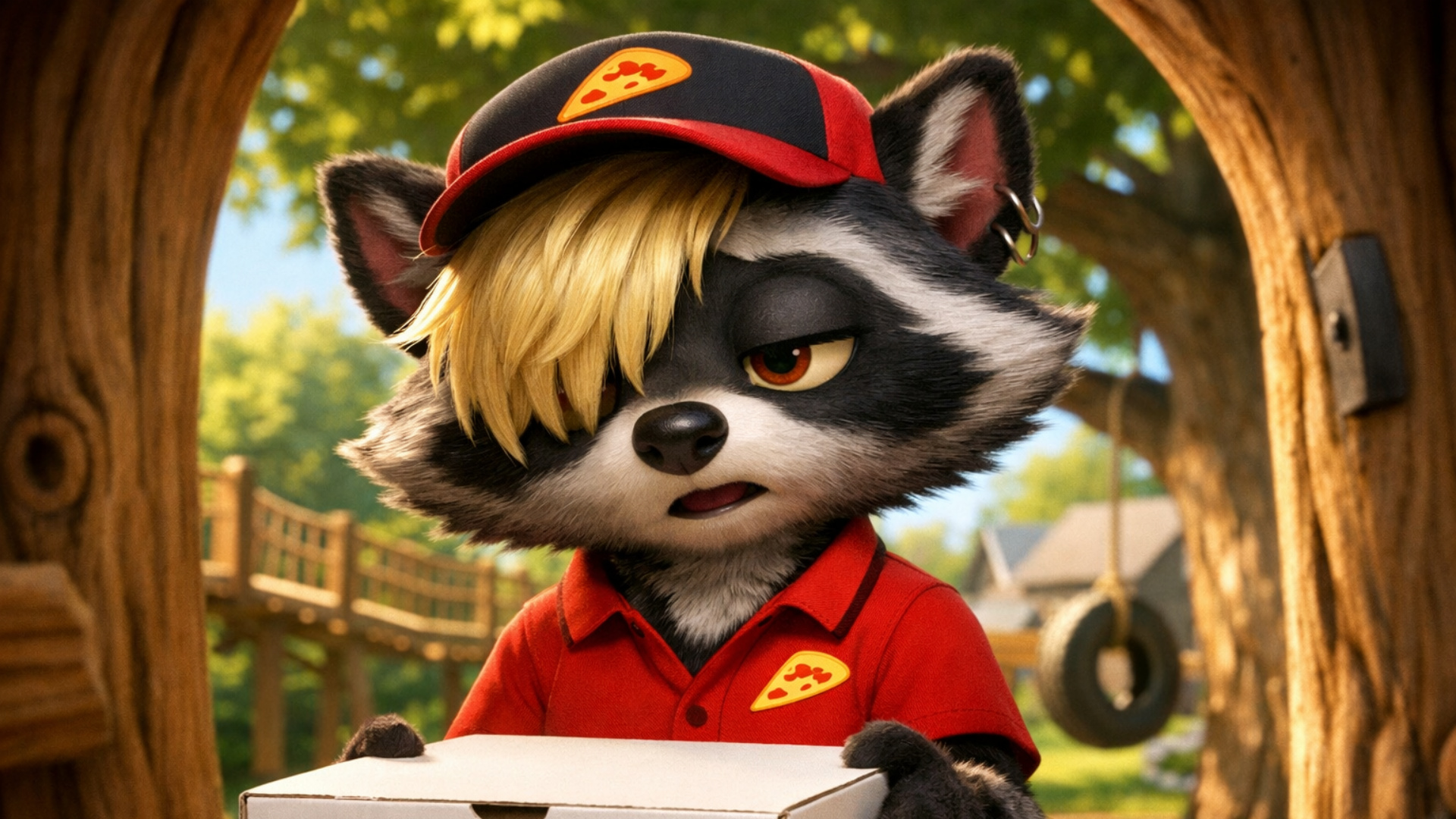 3d fluid expressive animation of anthro raccoon kid disguised as a pizza delivery guy talking uni...