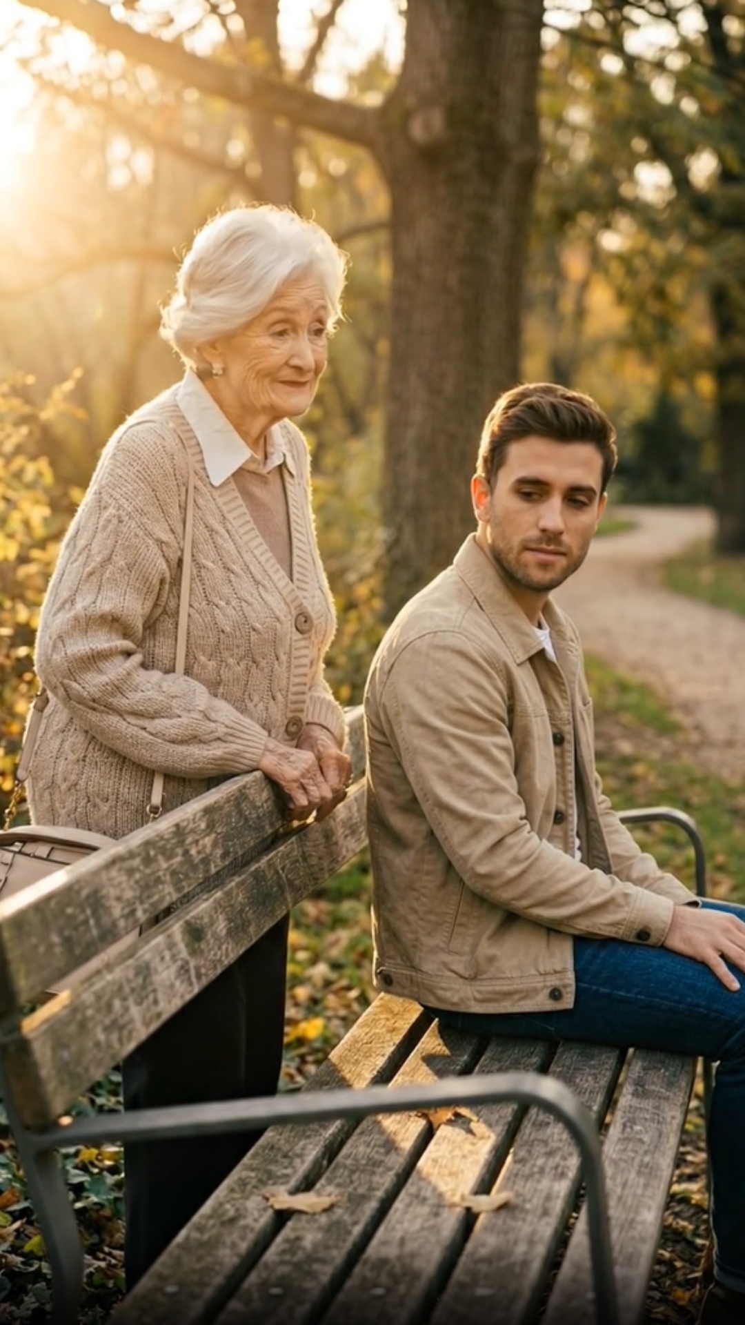 Ultra-realistic cinematic park scene at sunset. Margaret, a warm-hearted 72-year-old woman with s...