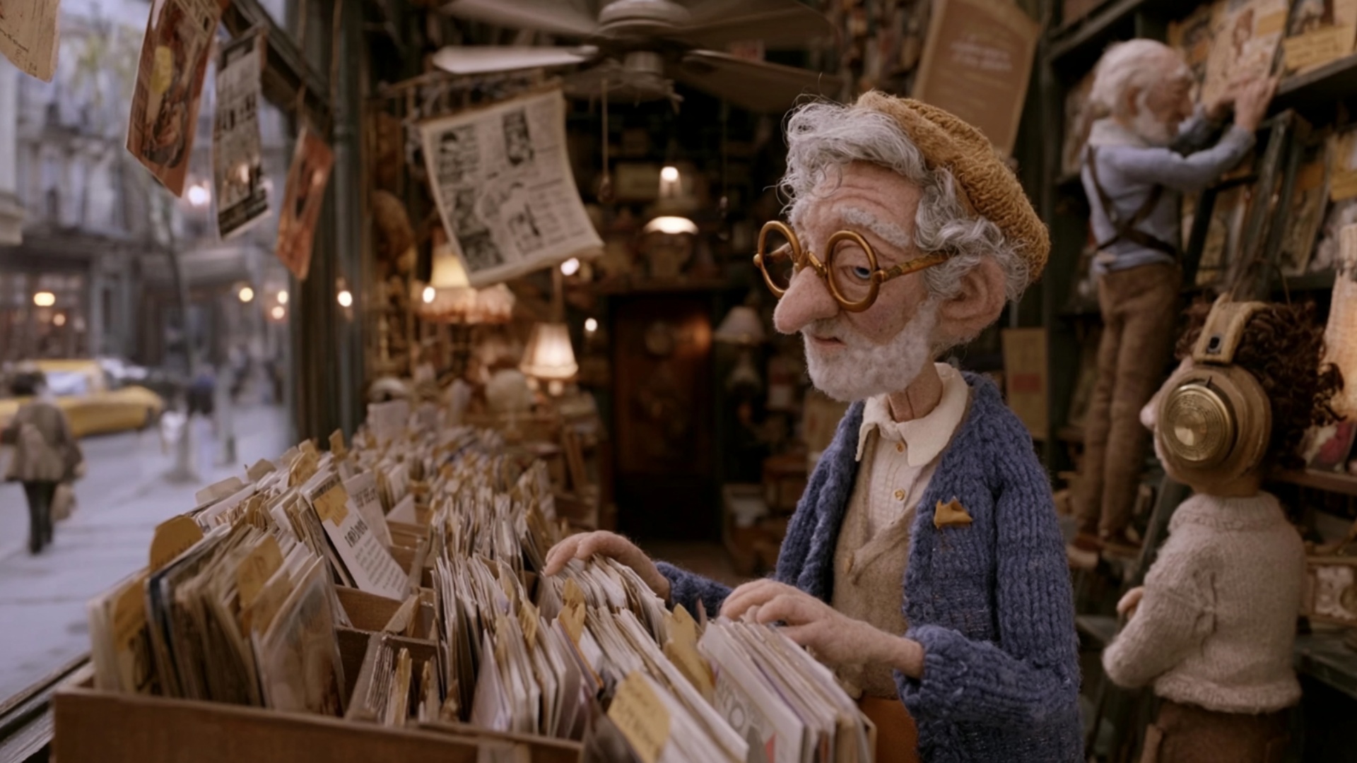 The elderly man steadily flips through the vinyl records one by one with both hands, then pauses ...