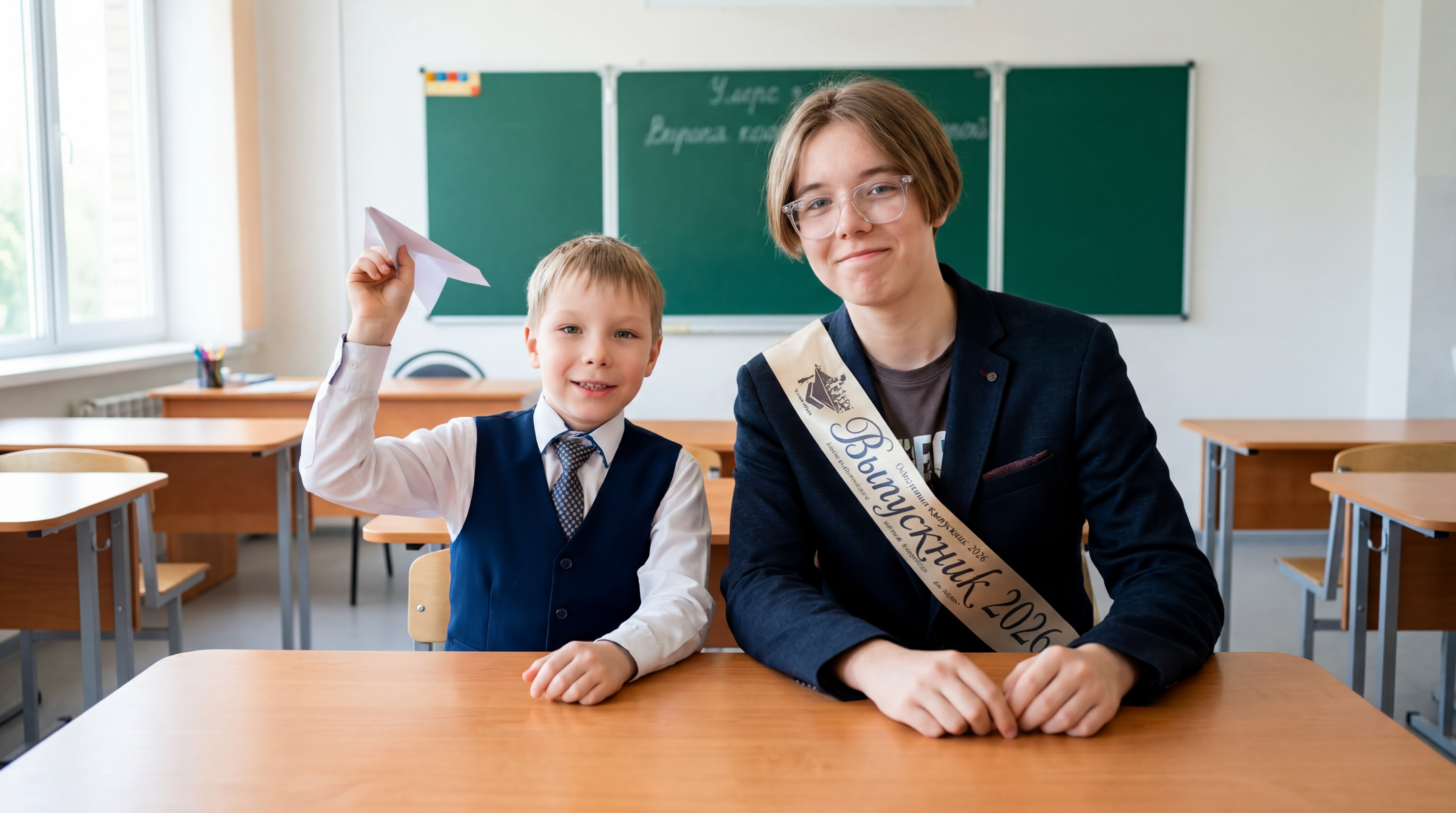 Animate the scene from the uploaded image. Make the younger boy playfully move a paper airplane —...