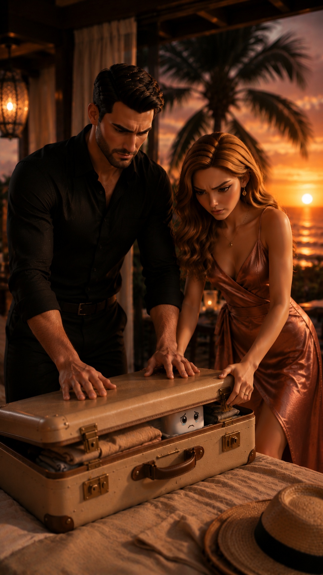 Cinematic dramatic scene inside the Maldives villa during sunset. The elegant couple hurriedly cl...