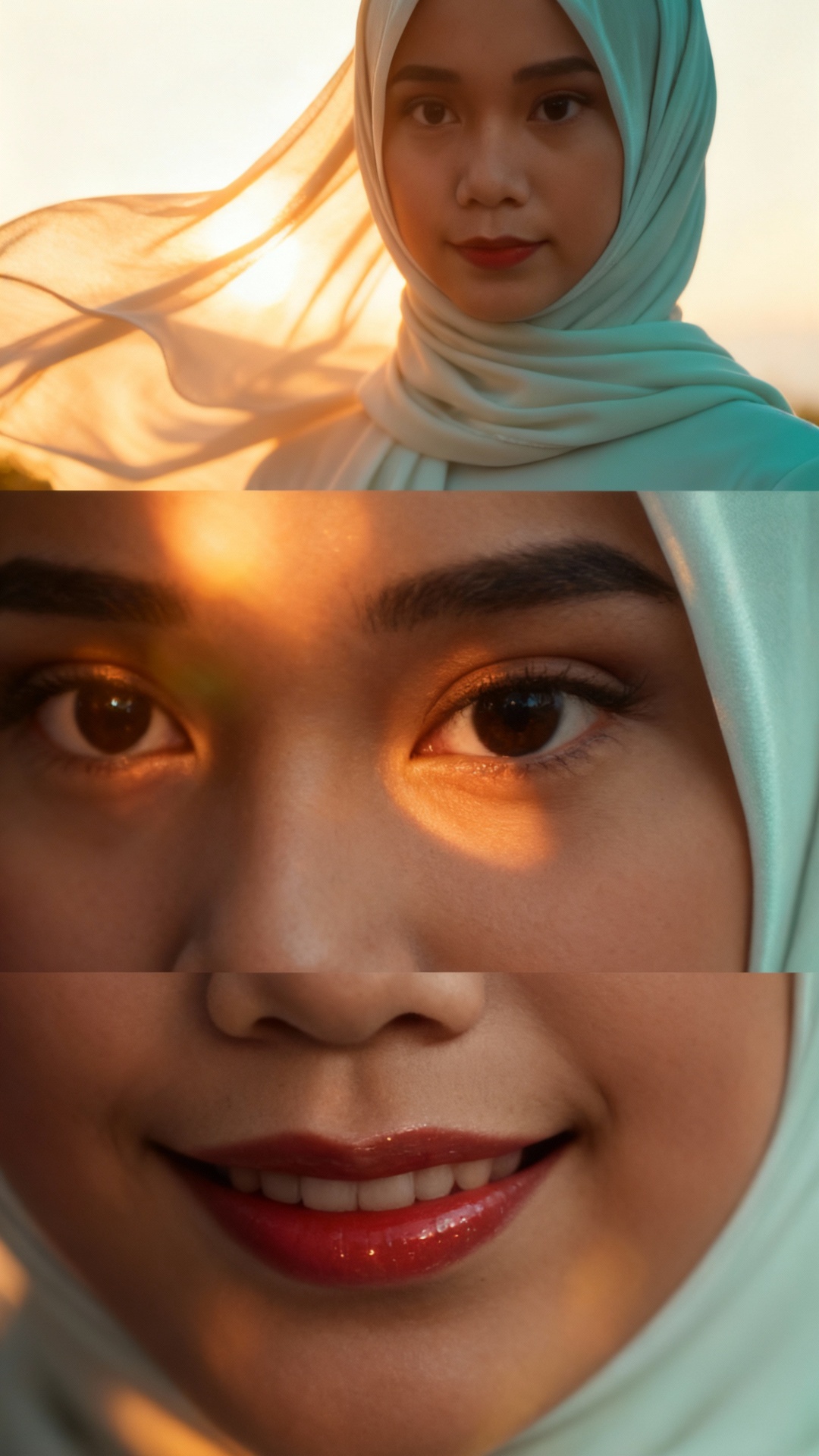 "Cinematic triptych portrait, 9:16 vertical, divided into three dynamic sections: hijab and golde...