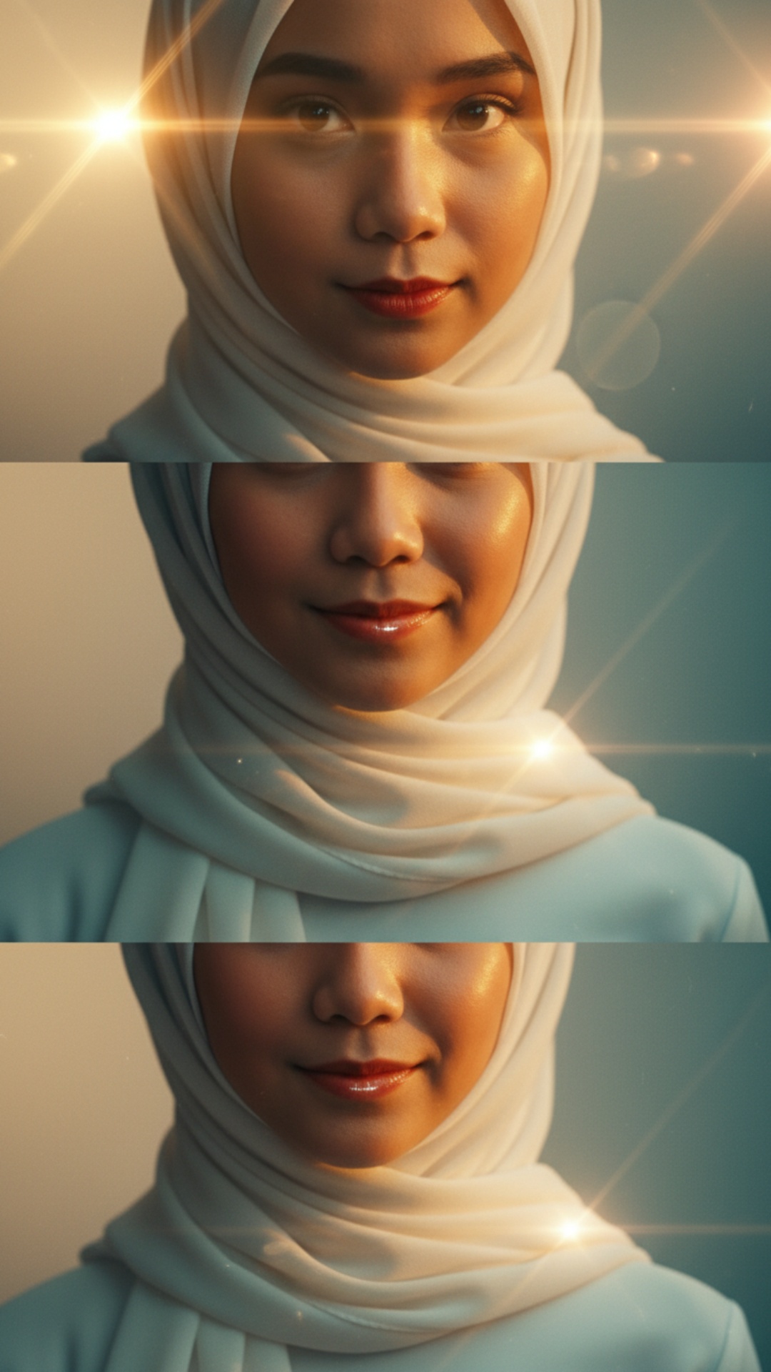 "Cinematic triptych portrait, 9:16 vertical, divided into three dynamic sections: hijabi  and gol...