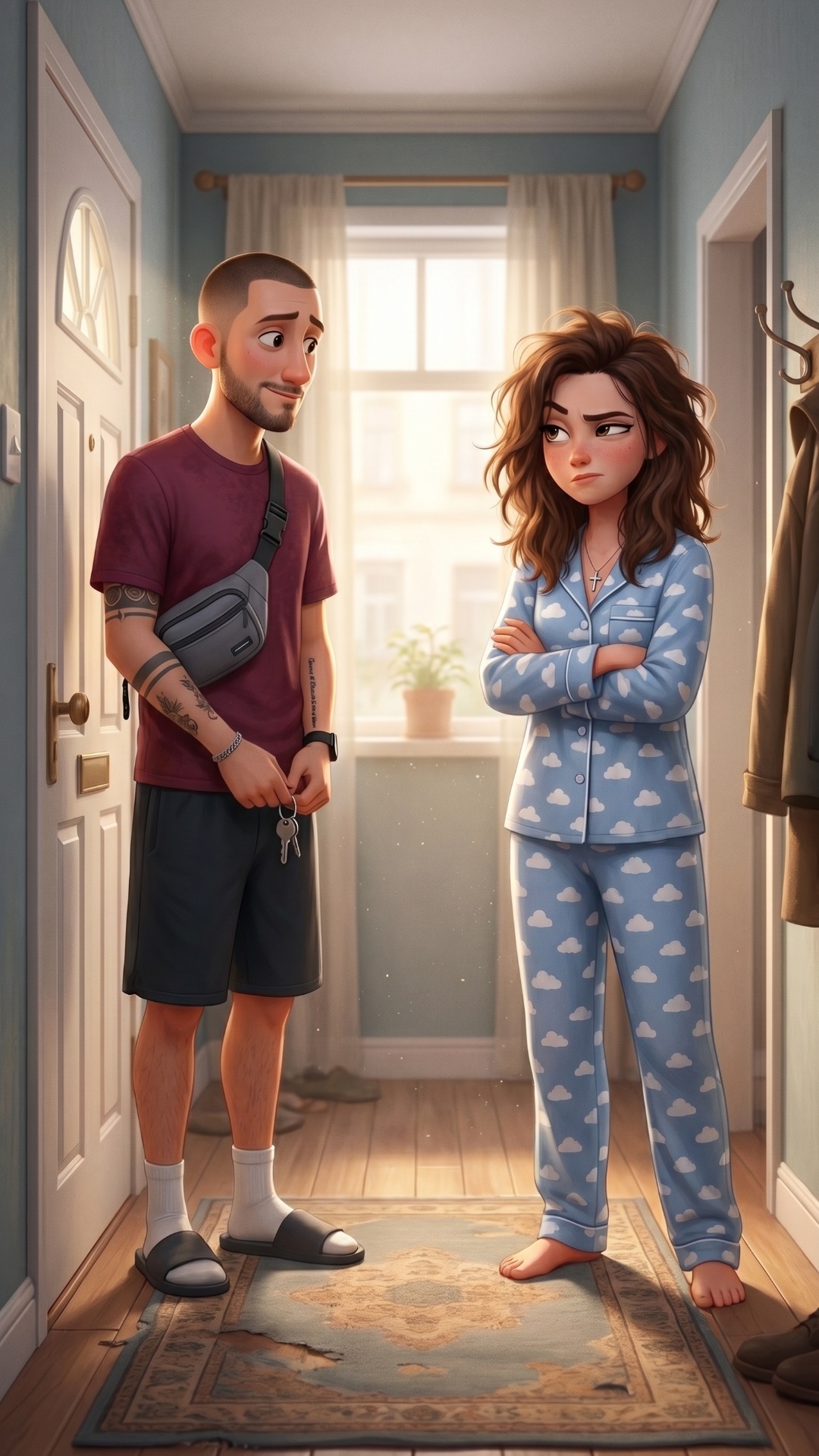 Pixar-quality 3D animation, vertical 9:16, early morning apartment interior, soft sunrise light t...
