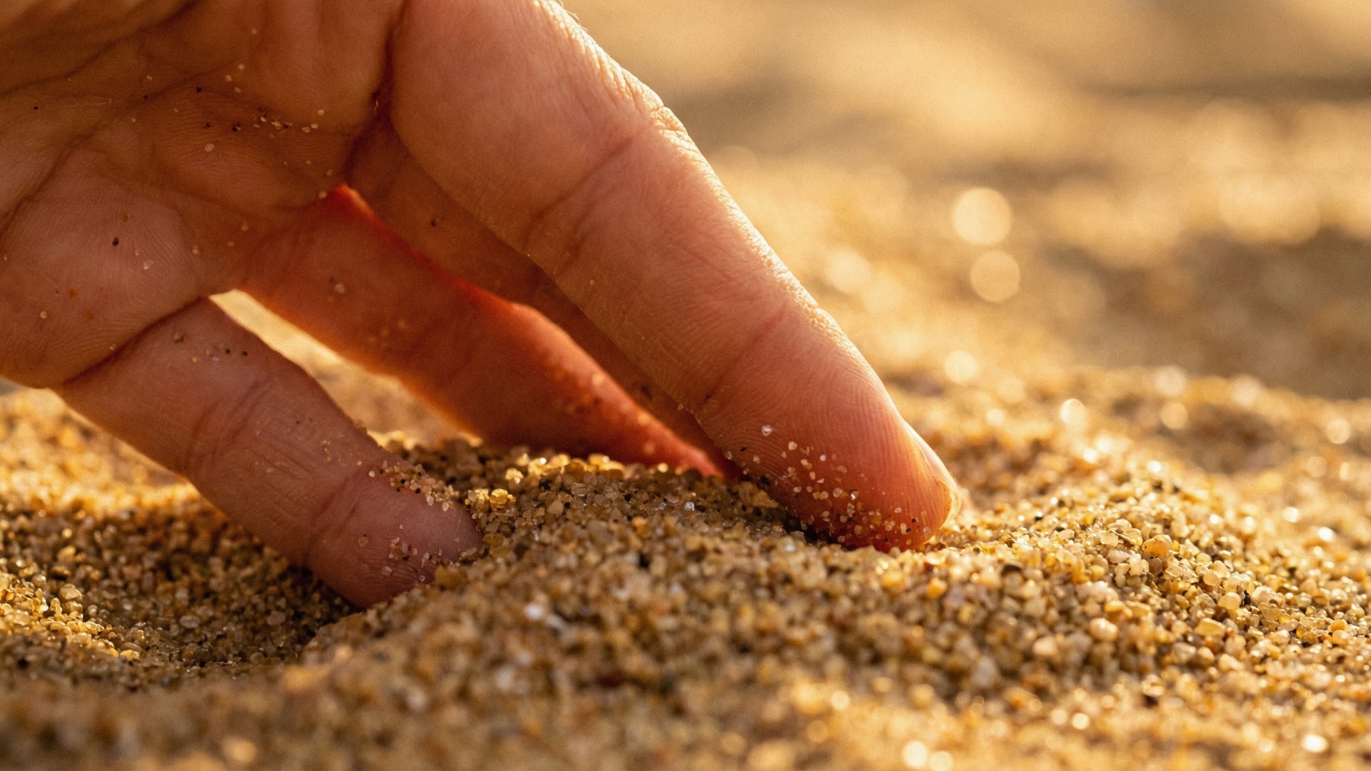 Subject: Female hand touching warm golden beach sand
Context: Extreme macro close-up during golde...