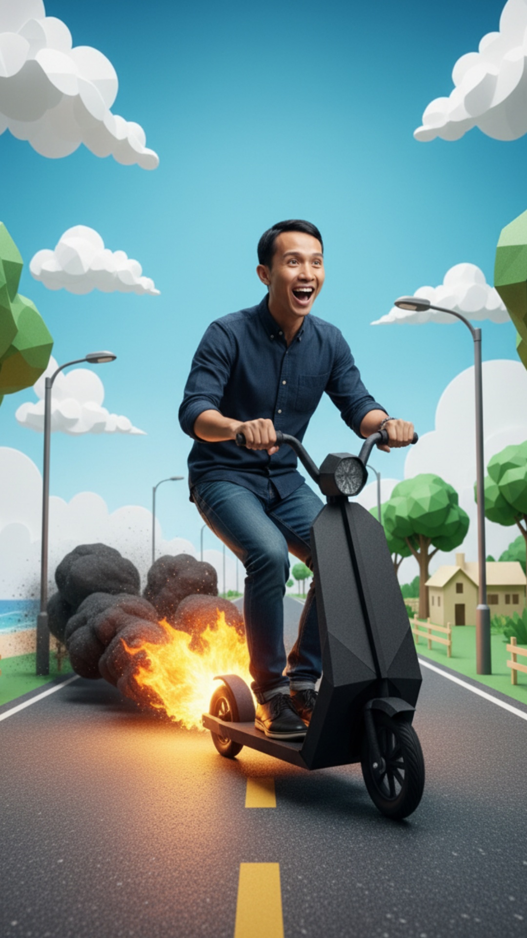 Ubah gambar ini menjadi video. Orang tersebut mengendarai skuter hitam tiga roda dengan kecepatan...