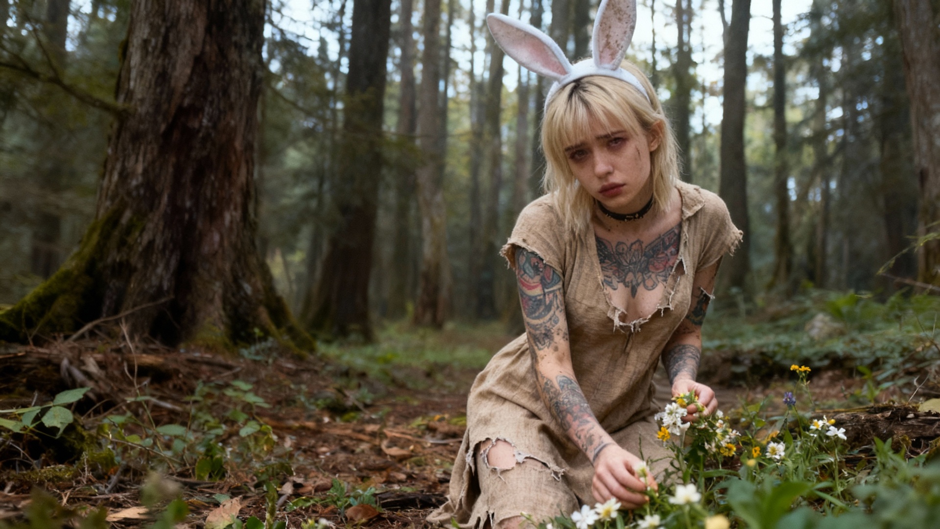 La caméra recule. La jeune femme mélancolique cueille des fleurs tandis que rodent dans les bois ...