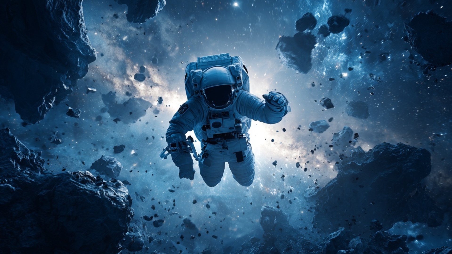 A lone astronaut drifts through open space… surrounded by shattered asteroids and glowing cosmic ...