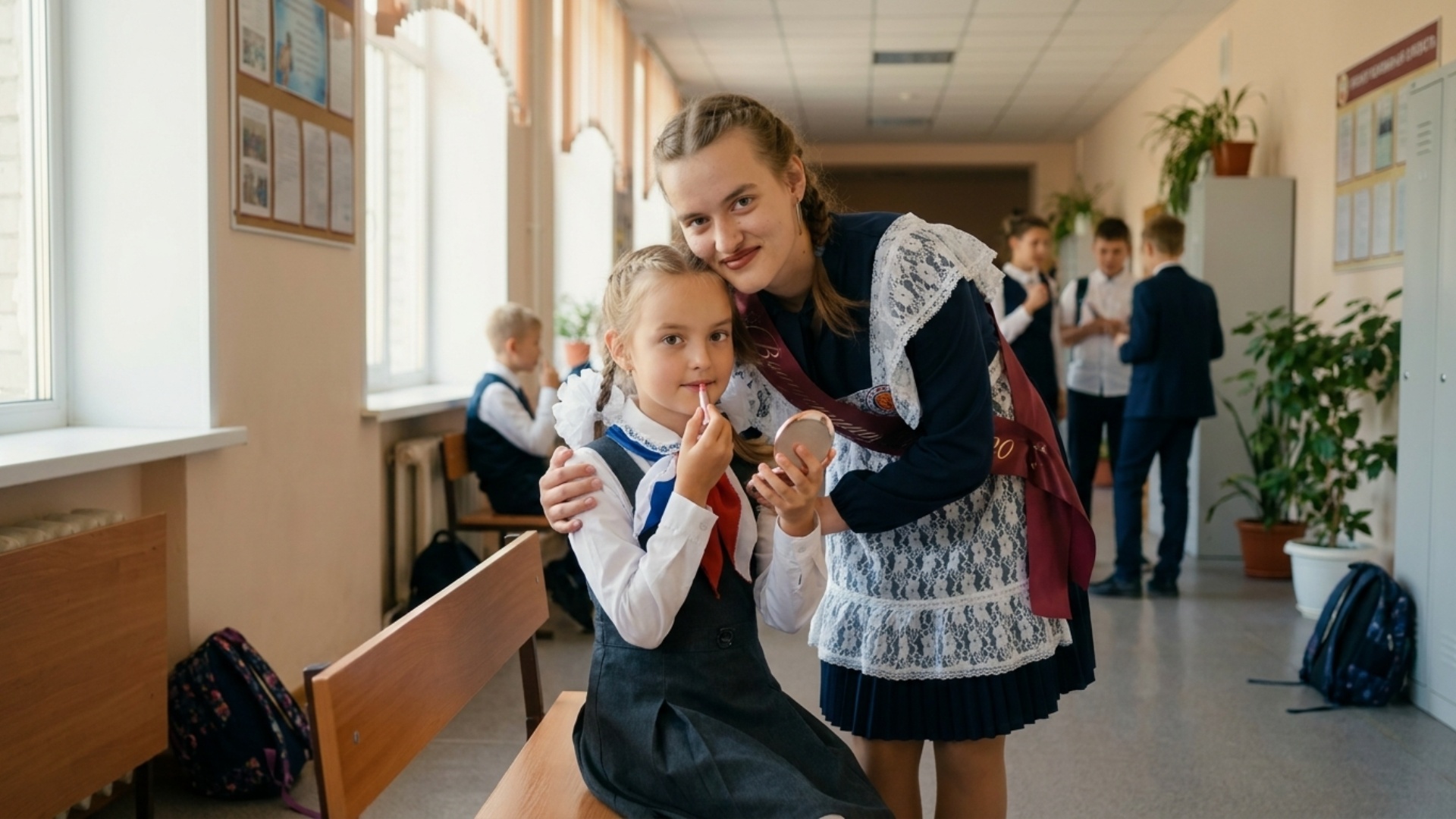 "Animate the scene from the uploaded image. Make the younger girl sit and lightly apply makeup, h...