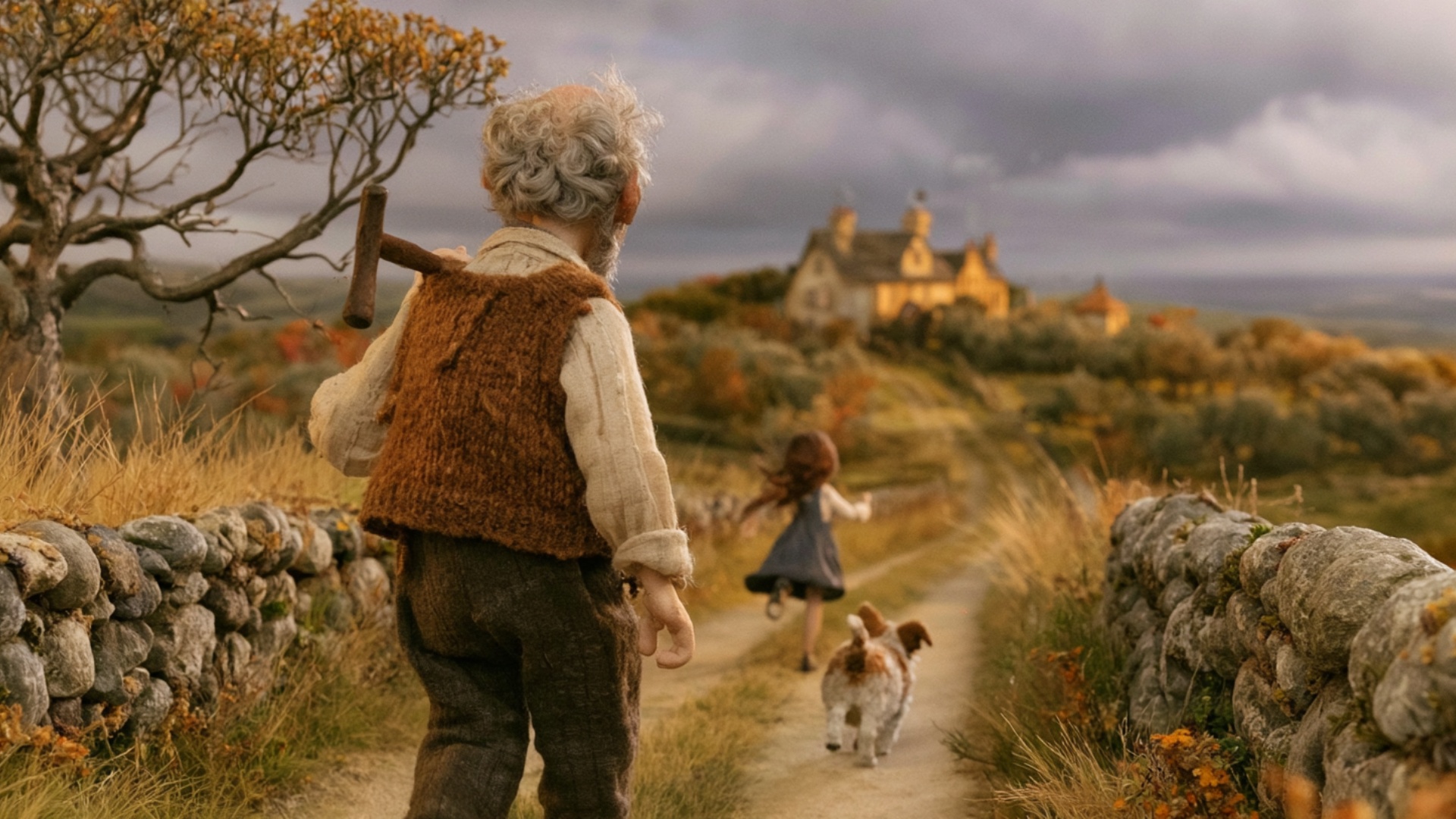 The teenage girl runs several clear steps down the lane toward the farmer, her skirt and hair mov...