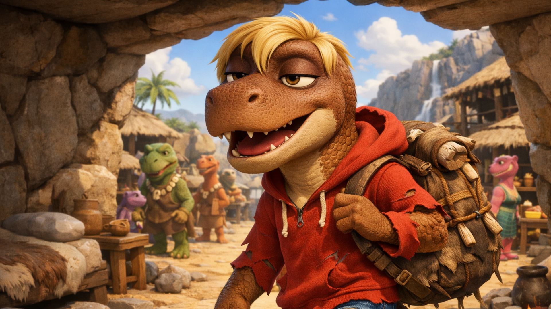 3d fluid expressive animation of anthro male t-rex teen talking casually as he walks
