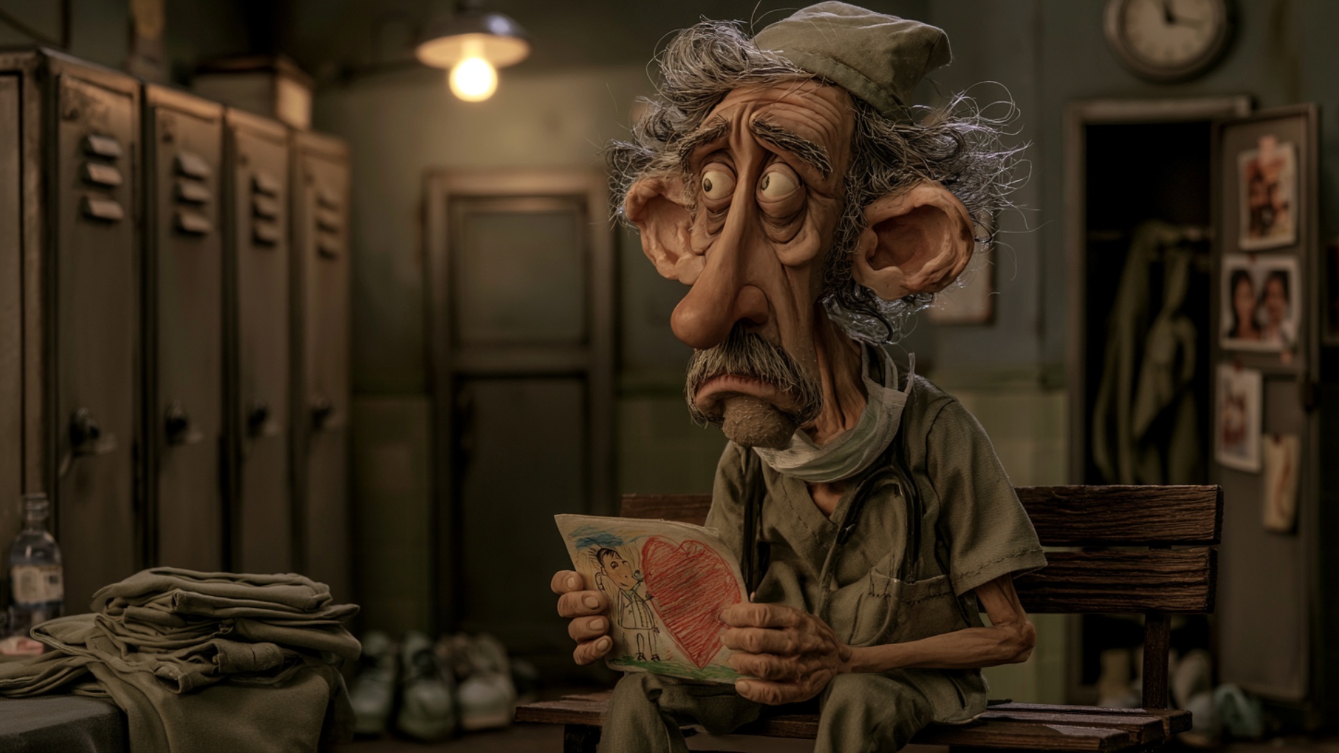 Single continuous 5-second cinematic shot. The exhausted surgeon slowly lowers his eyes to the ch...