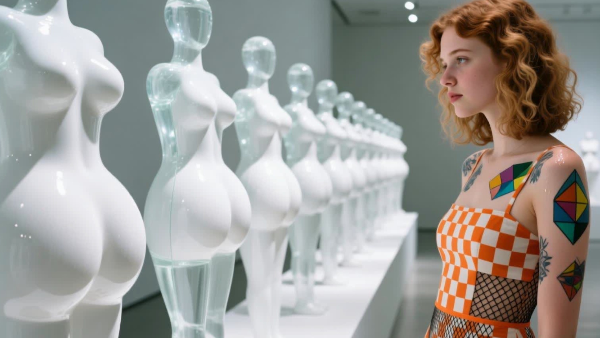 Zoom arrière. Dans la galerie d'art contemporain, les jeunes boivent du champagne et discutent, s...