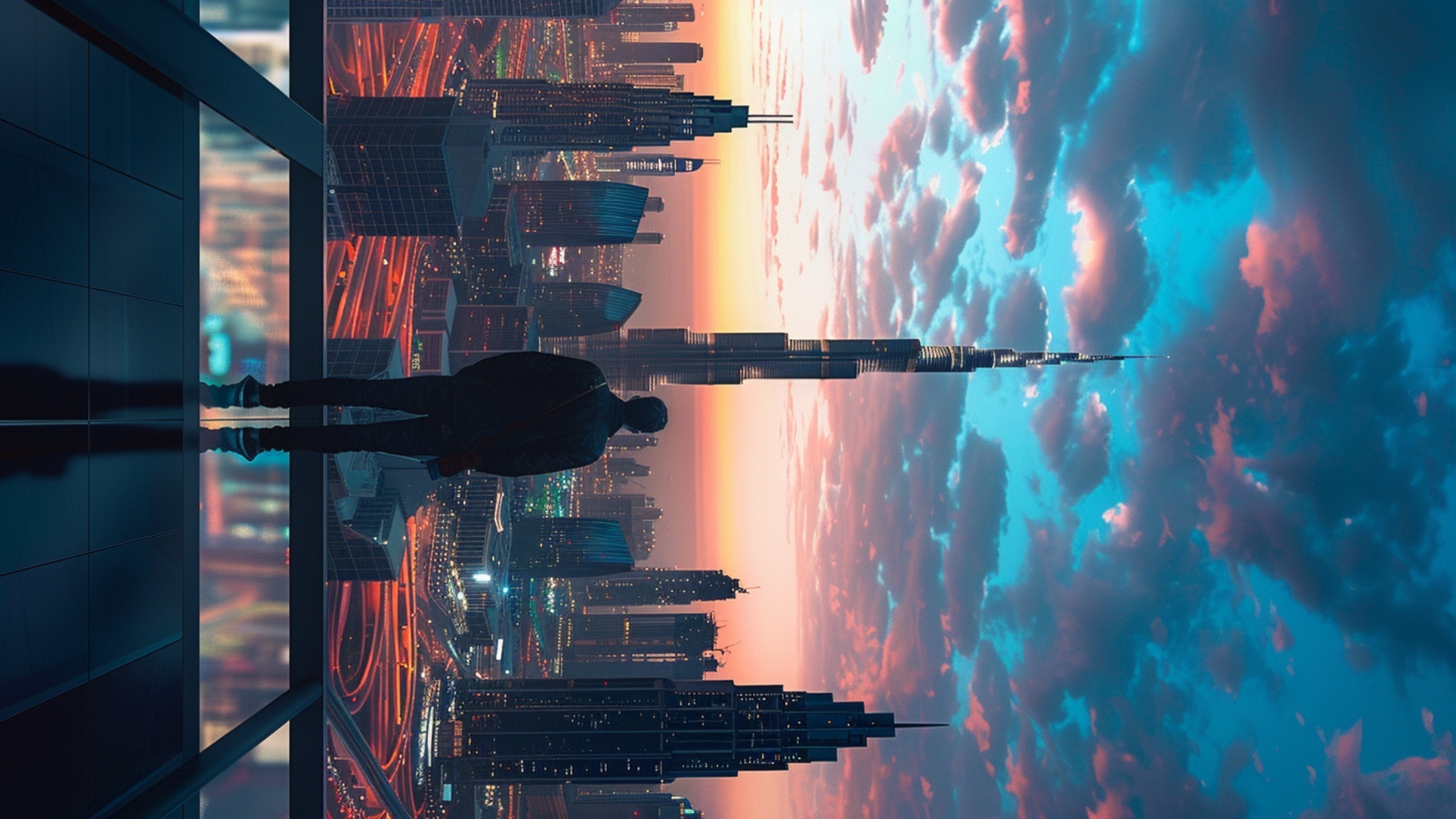 A man stands on a high futuristic skyscraper balcony at sunset, overlooking Dubai city skyline wi...