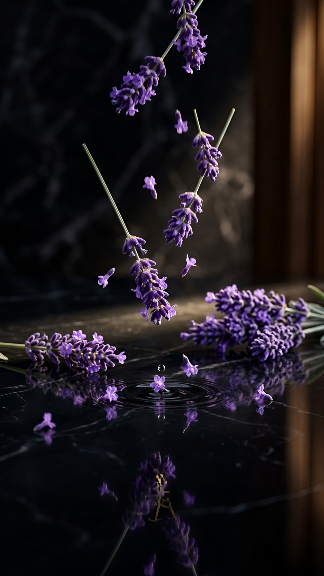 Lavender flowers exploding softly in slow motion across the marble surface, petals flying towards...