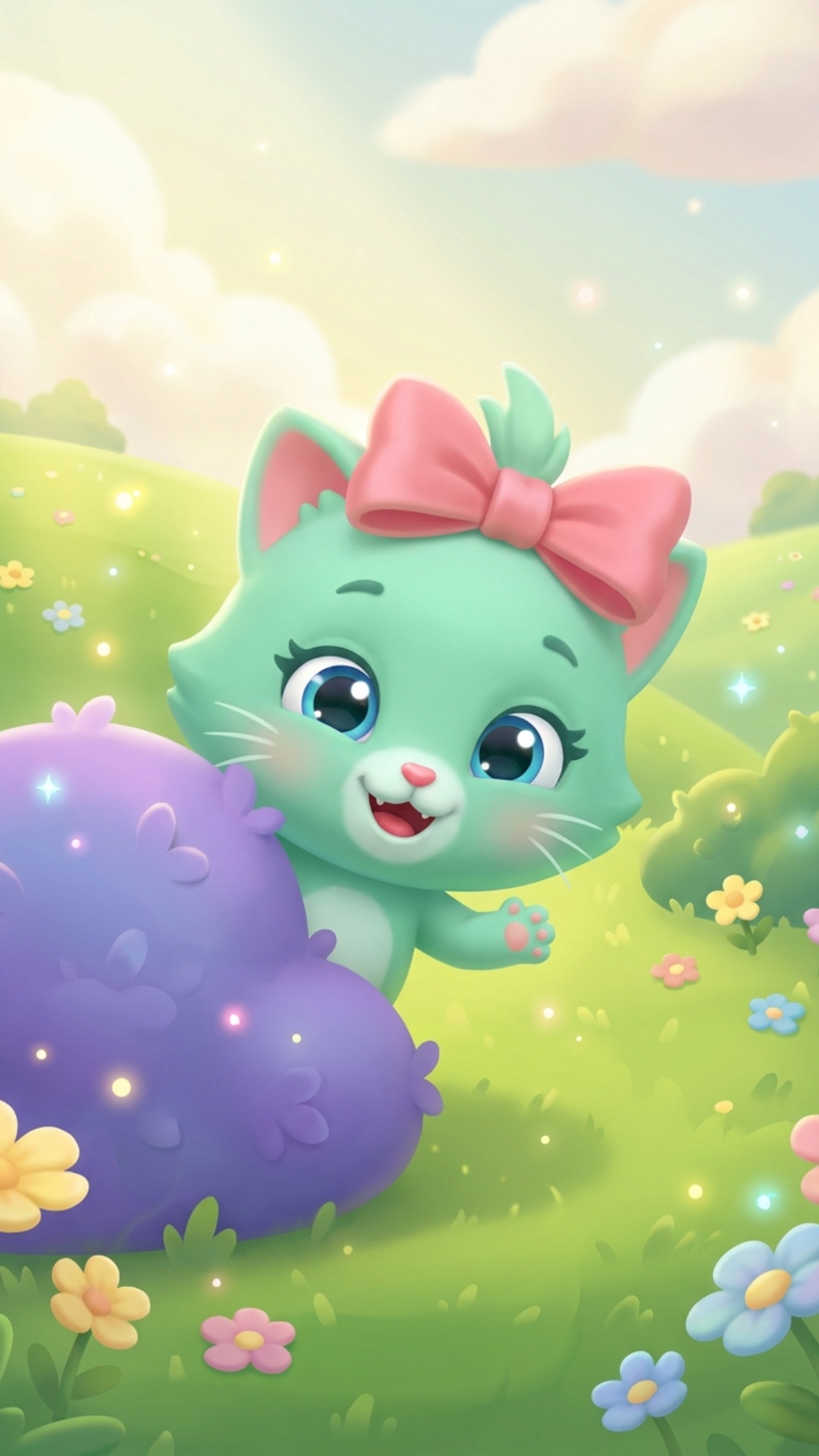 Mimi the mint kitten with pink ribbon bow peeks playfully from behind a fluffy purple bush, giggl...