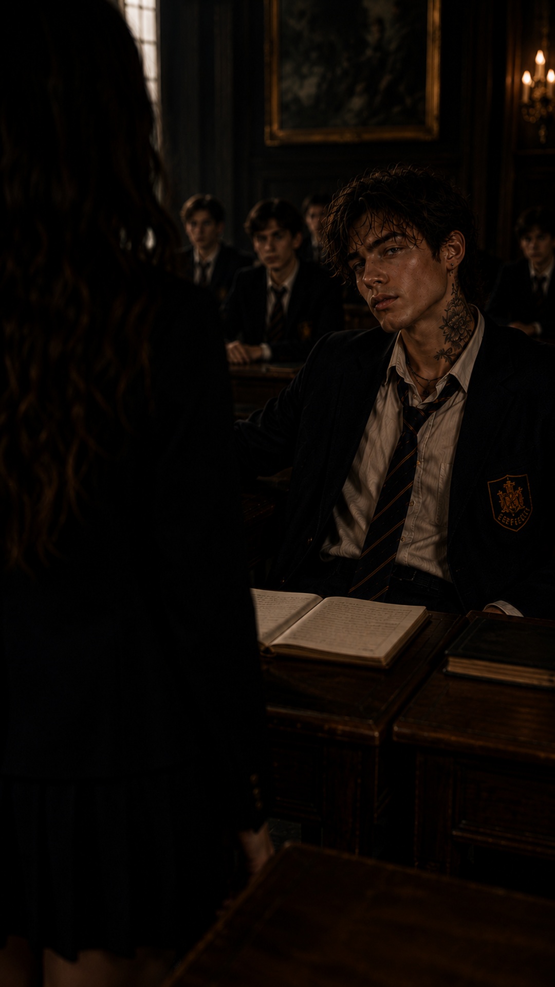 slow cinematic classroom atmosphere, Artem subtly lifting his eyes toward Alina approaching the e...