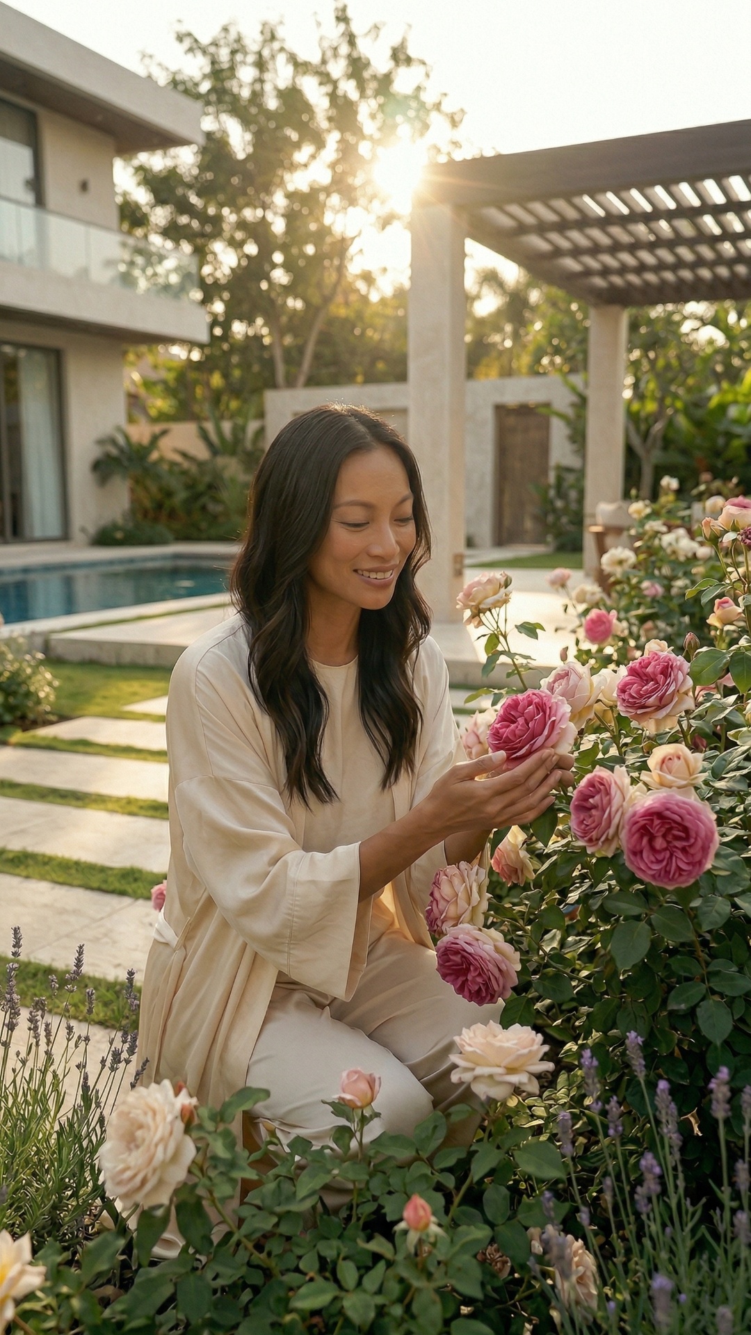 she admires roses, then smells them, camera approaches to her face