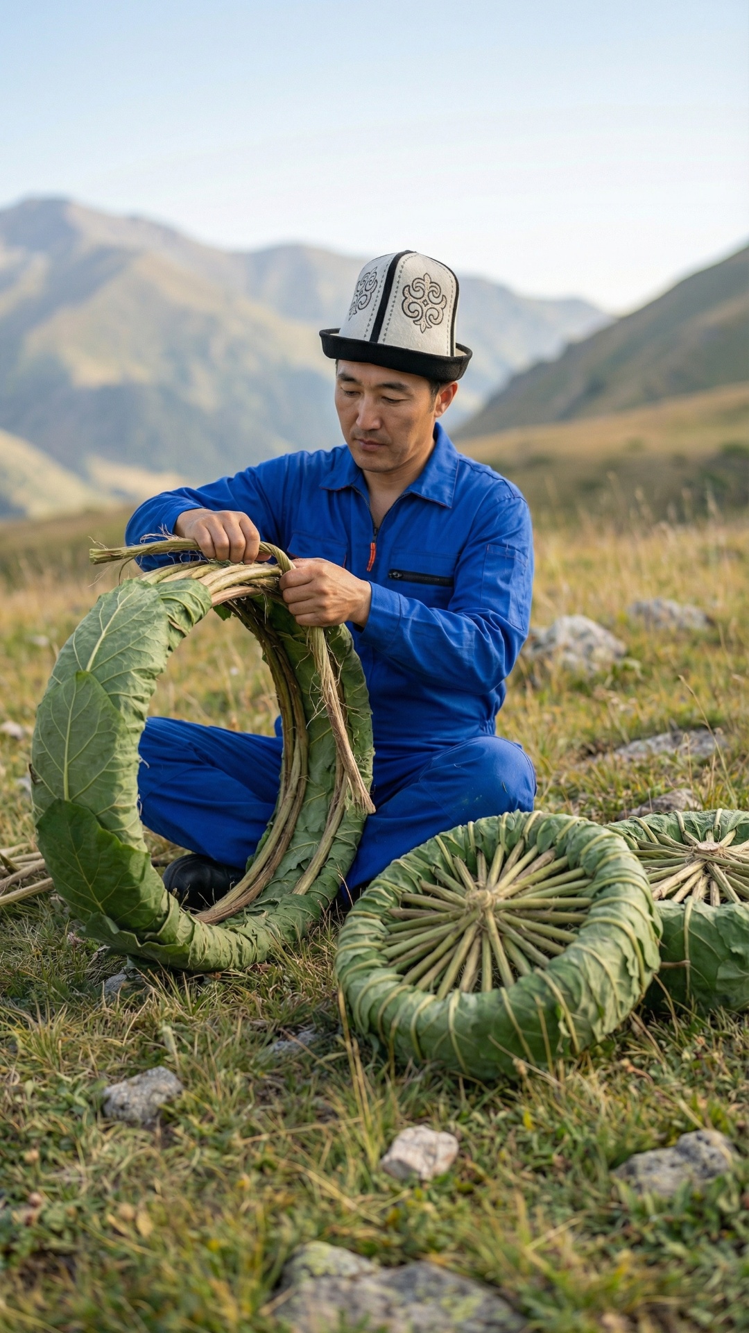 ​Cinematic, highly detailed video. A middle-aged Central Asian man wearing a traditional white Ky...