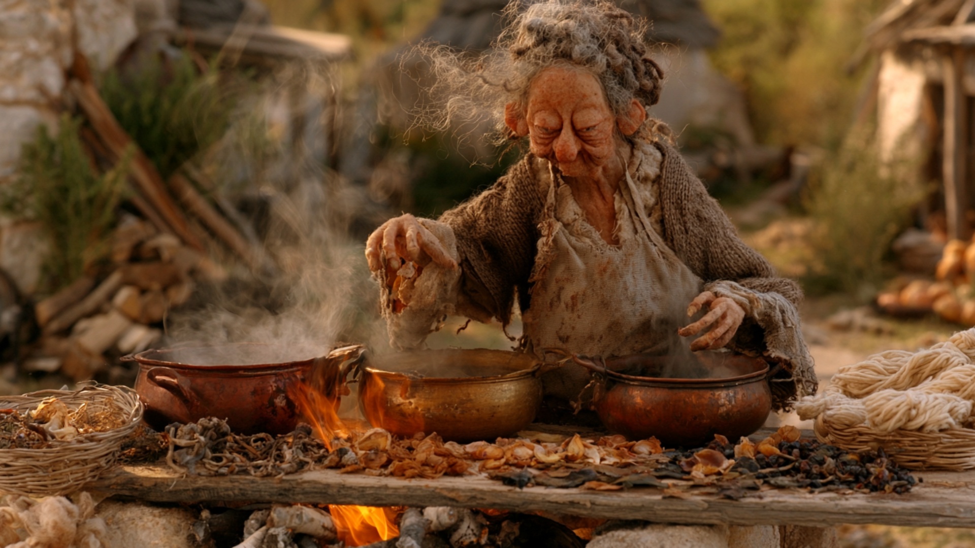 The woman lowers a bundle of wool into the center copper pot and presses it beneath the hot dye w...