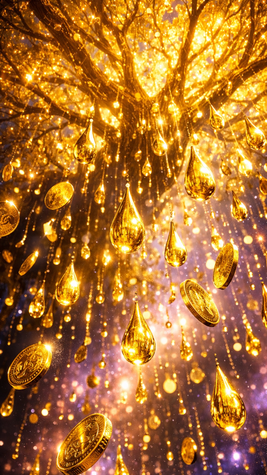 Ultra-realistic 9:16 vertical cinematography. A low-angle shot looking up as liquid gold droplets...