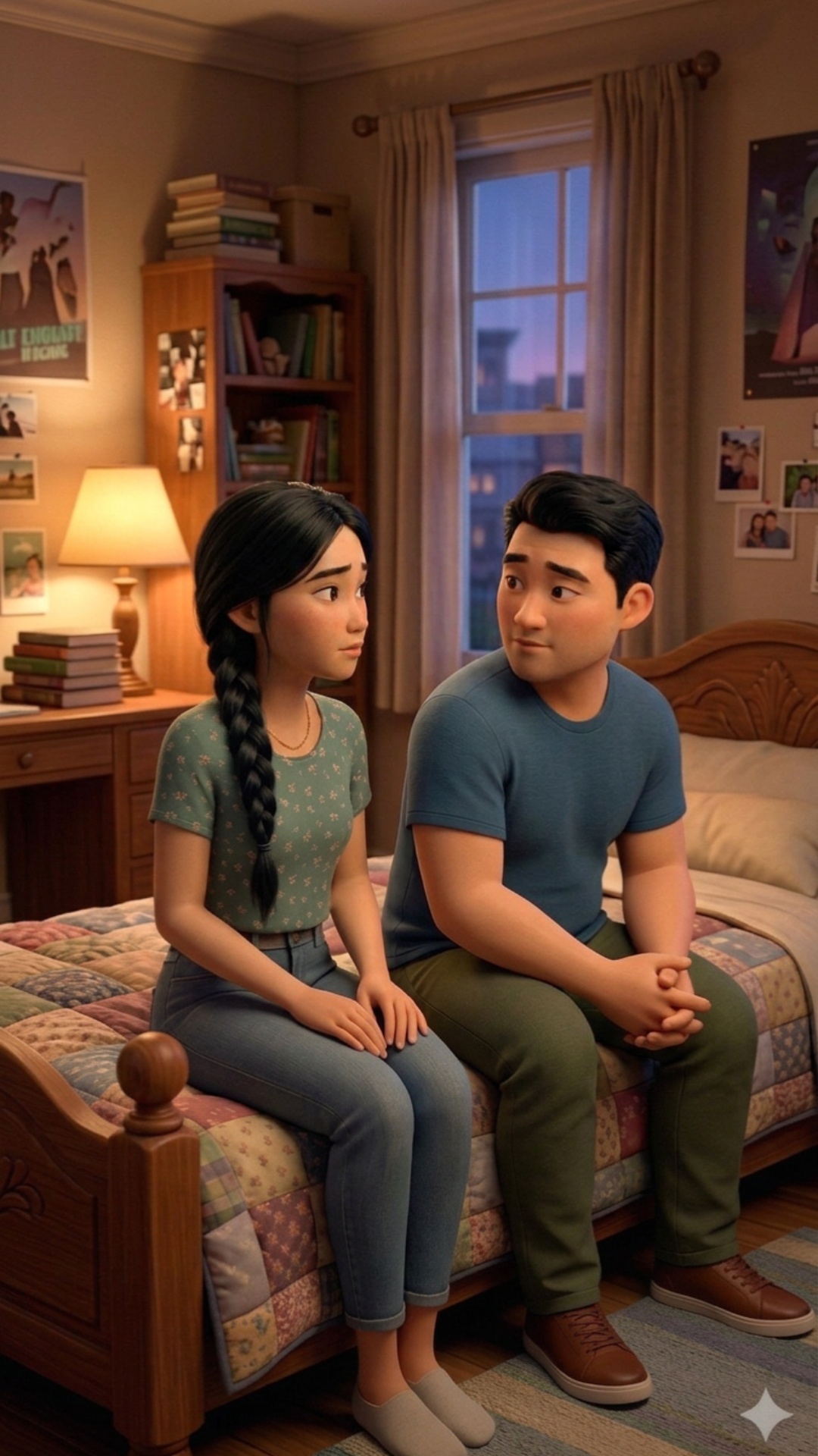 Medium shot in the same cozy bedroom. Aisulu and Marat remain seated on the bed, facing each othe...