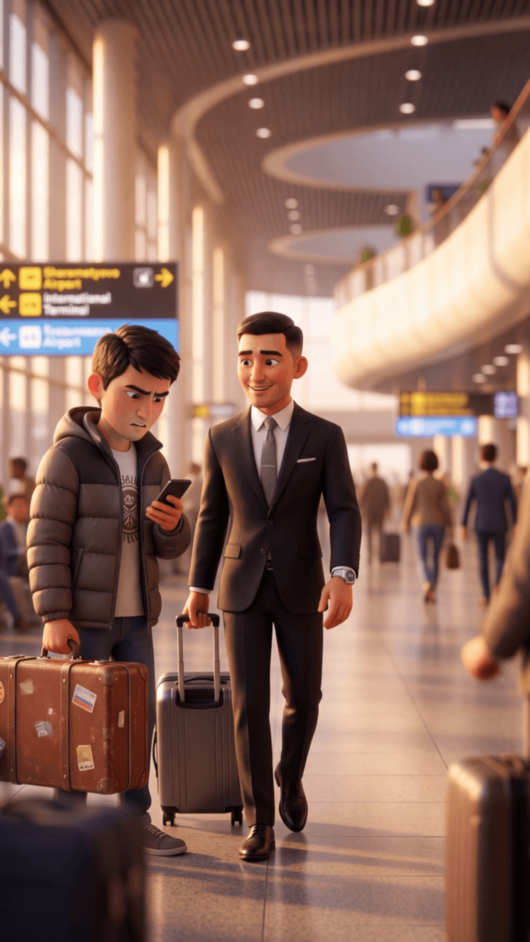 70% Pixar 3D animation 30% cinematic 4K, 9:16,
warm golden lighting, Sheremetyevo airport corrid...