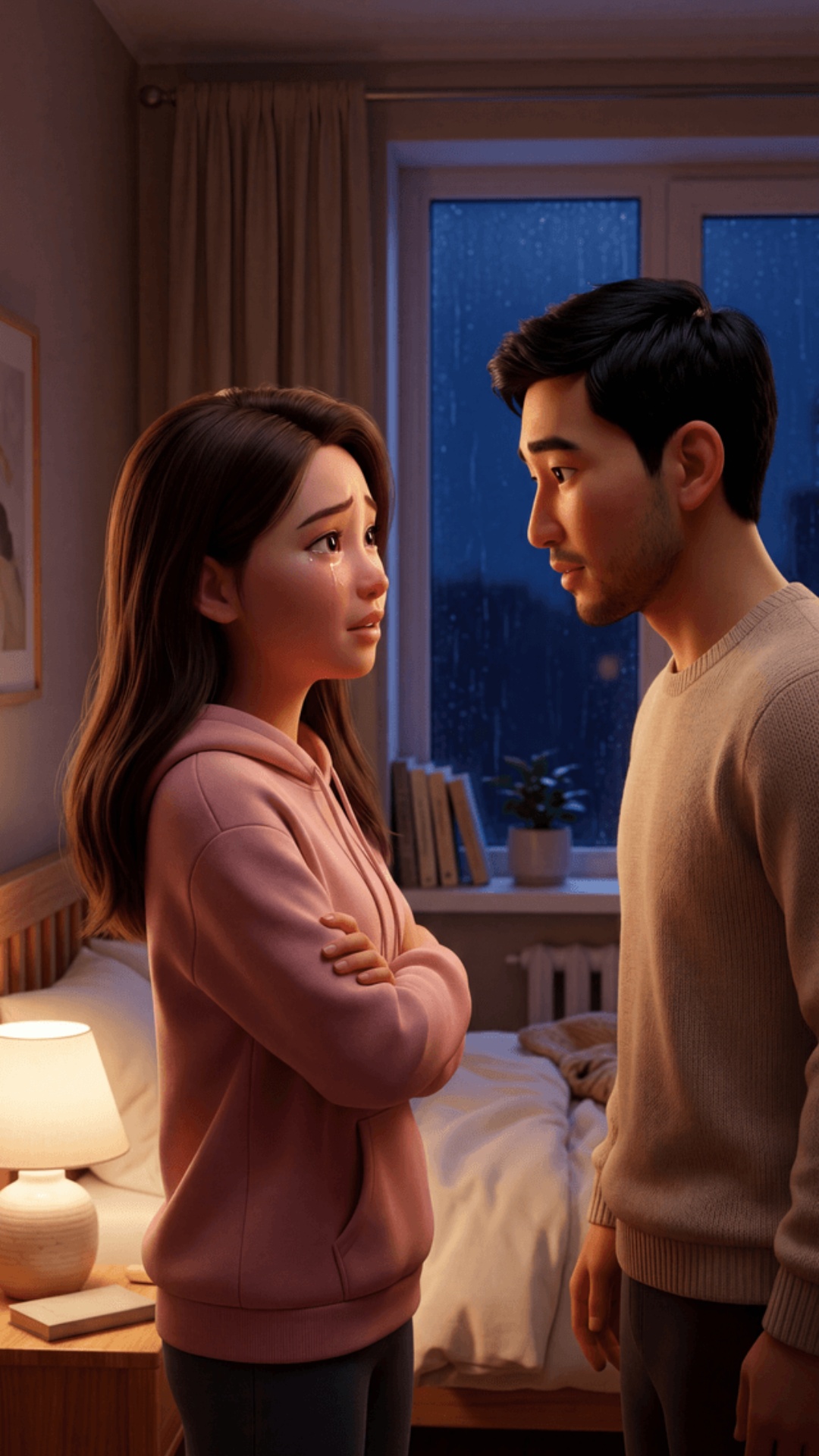Pixar 3D animation style, cinematic 4K.
Moscow apartment bedroom, night.
Wooden bed, warm nightst...