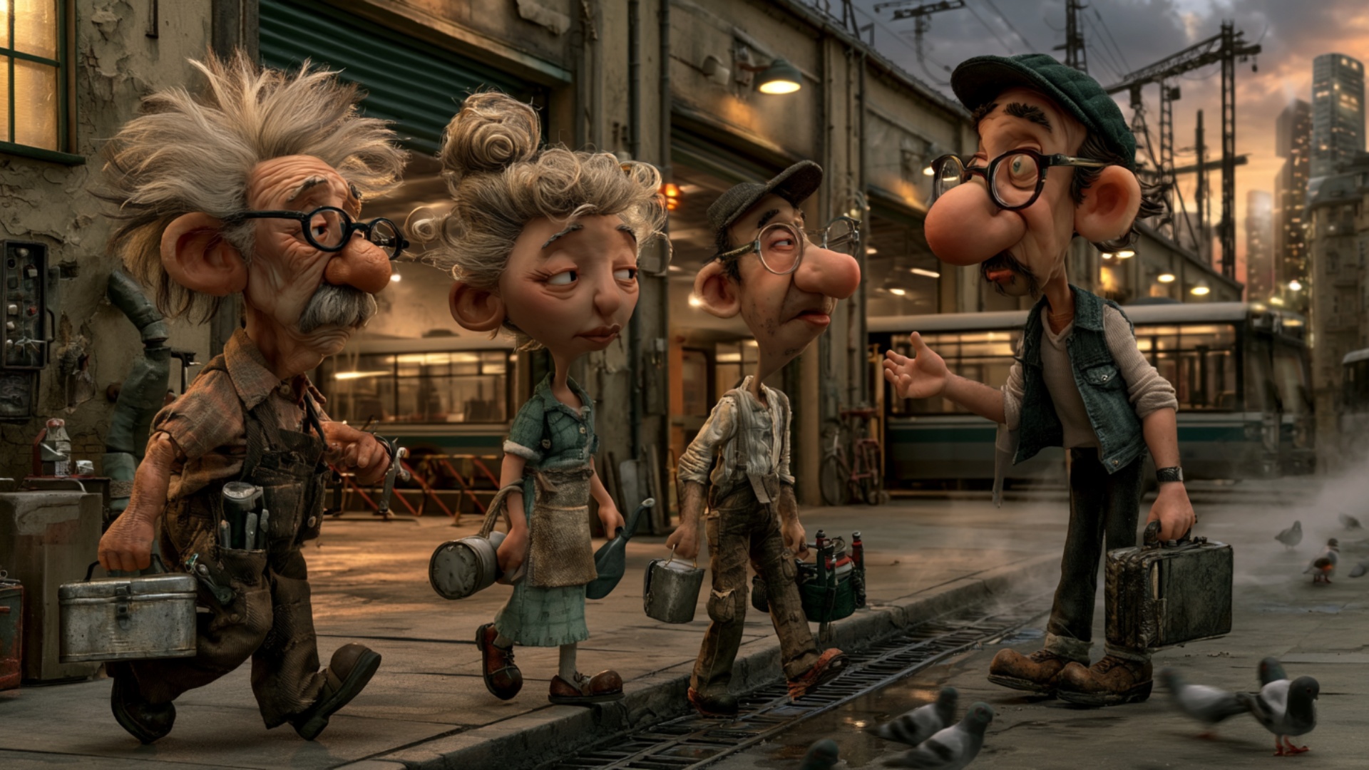 The tired night-shift workers slowly walk toward the camera and slightly to the left while the ar...