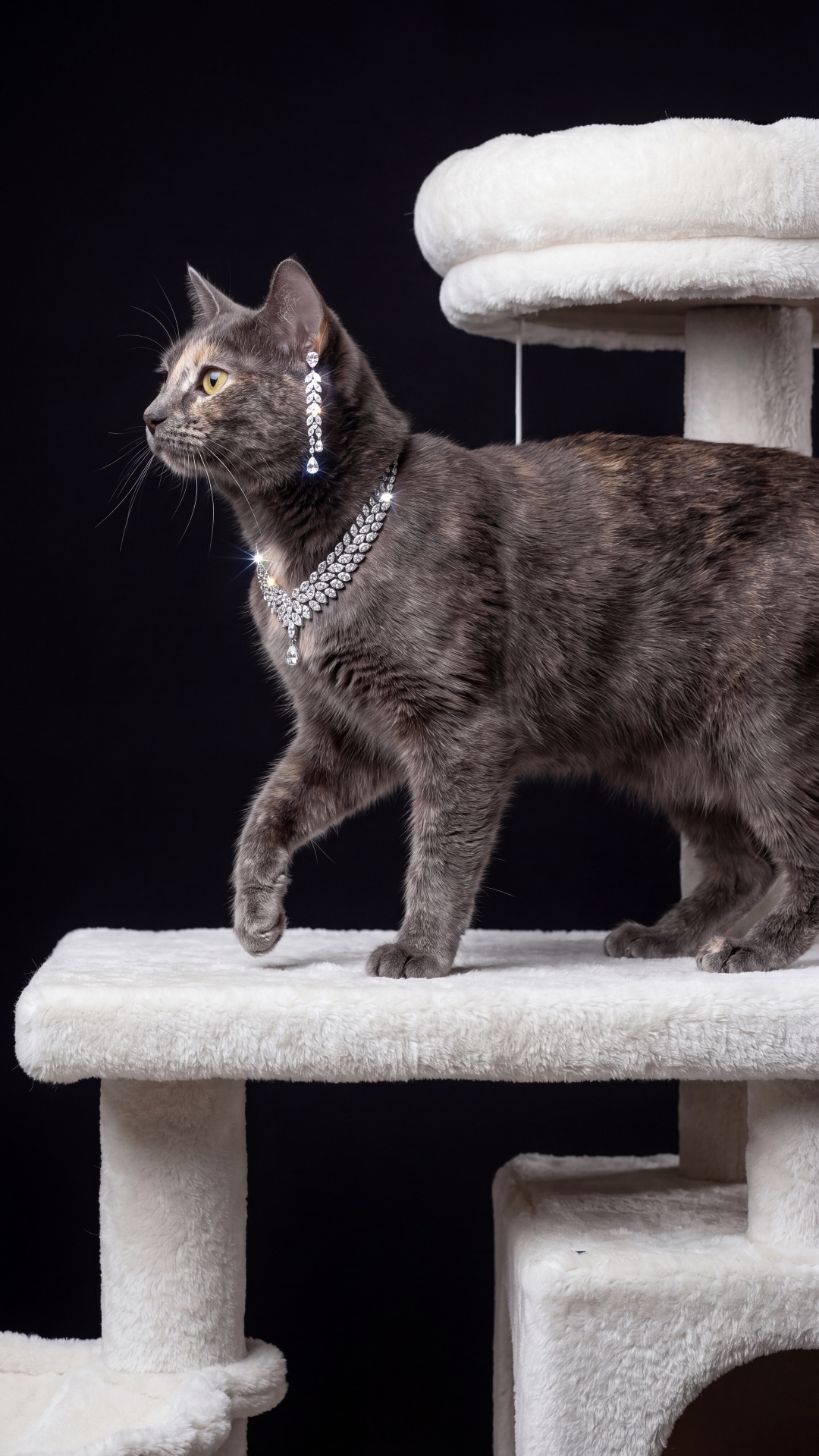 Luxury cat continues walking forward slowly with elegant confident steps, raised paw softly lands...