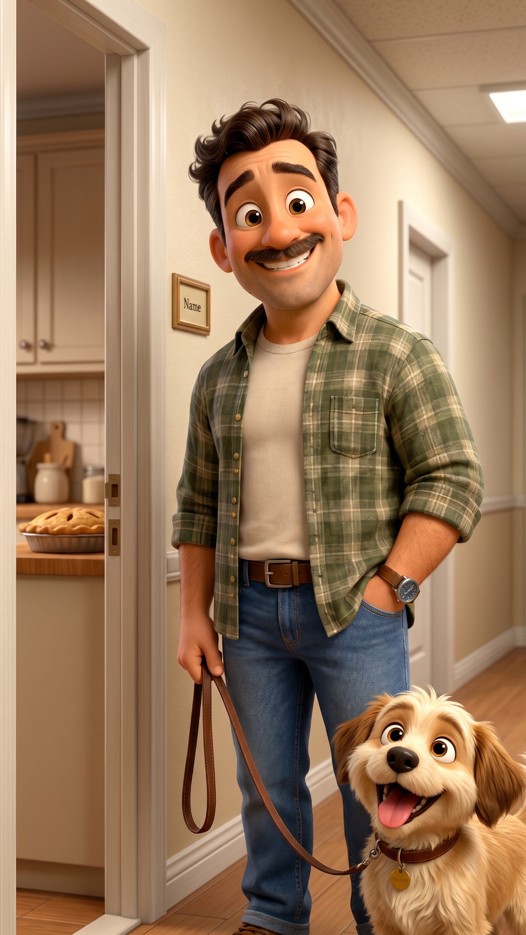 Neighbor stands at the doorway holding a dog on a leash. The dog sniffs the air excitedly. The ne...