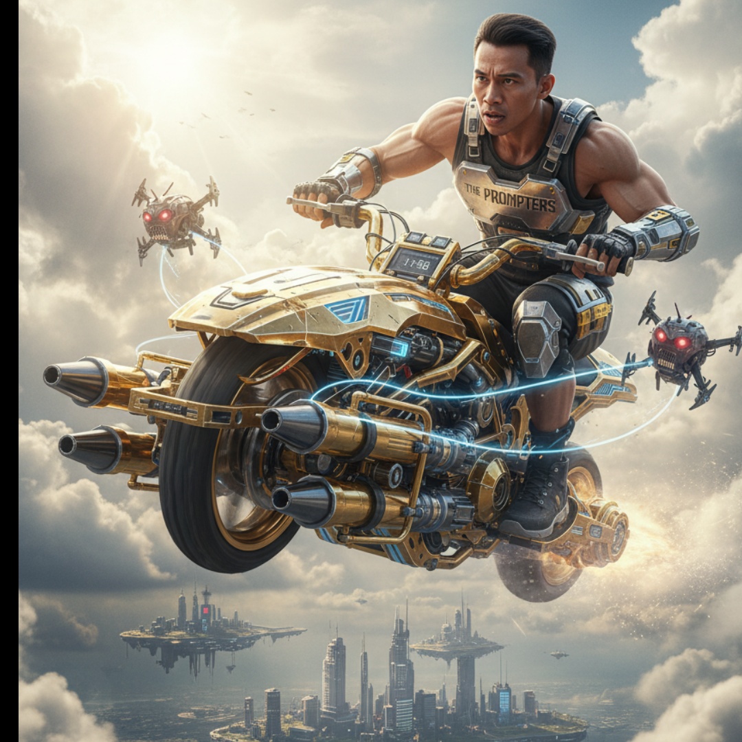 Cinematic ultra-realistic video of a futuristic hoverbike race above the clouds. A Southeast Asia...