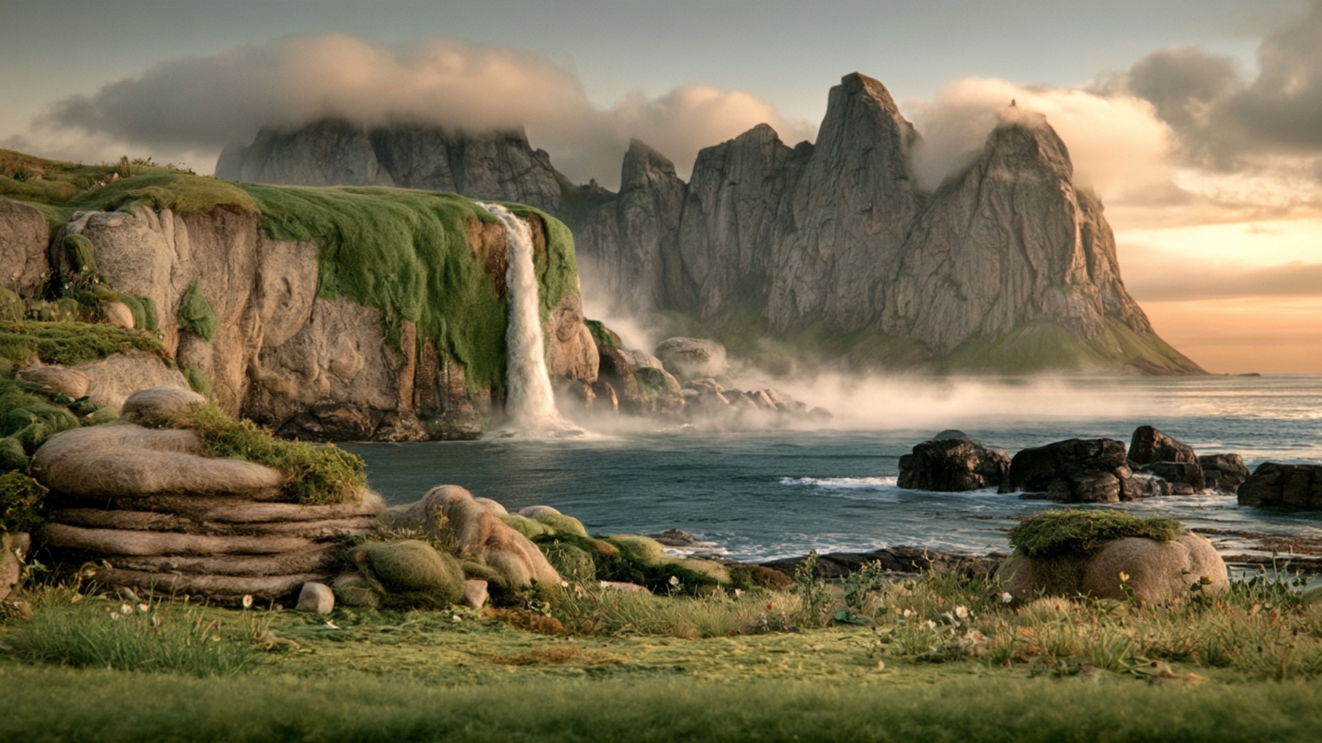 Gradual cinematic pull-back to emphasize the scale of the coast. The waterfall maintains a strong...