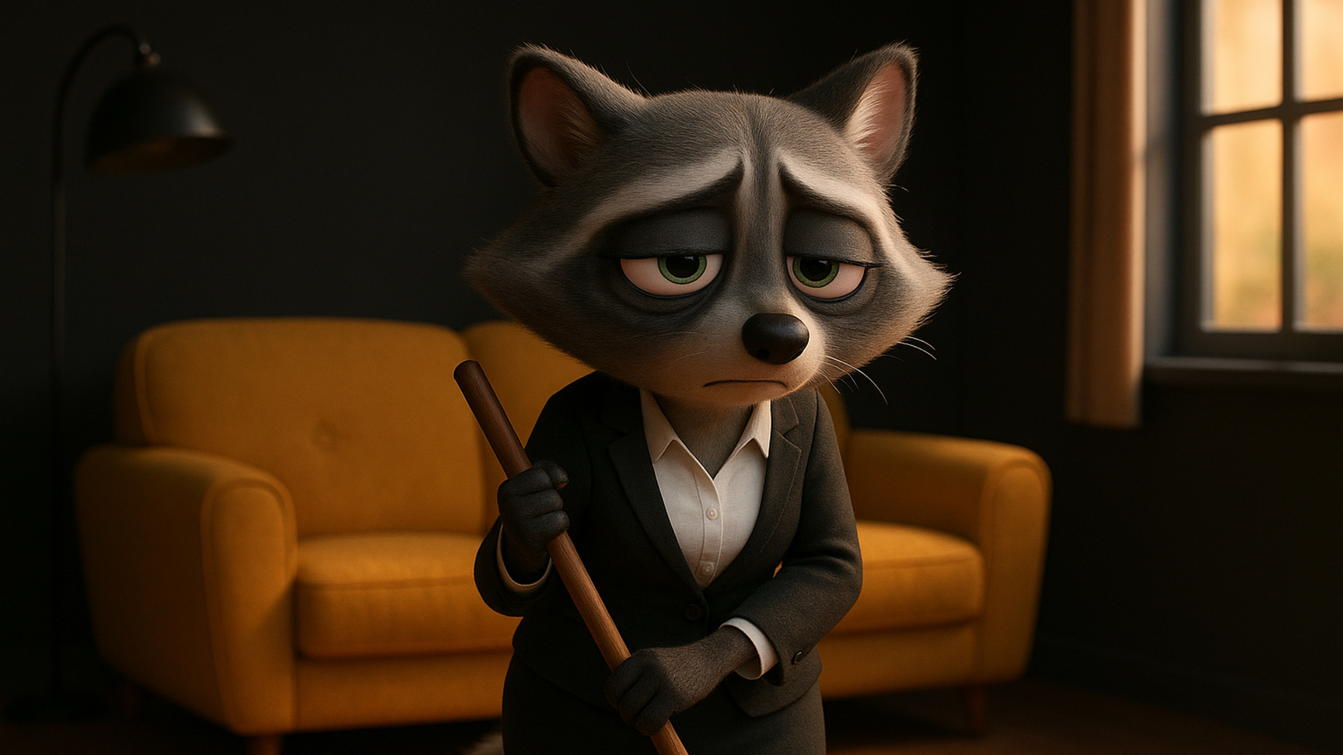 anthro raccoon mom is mopping all exhausted and overworked