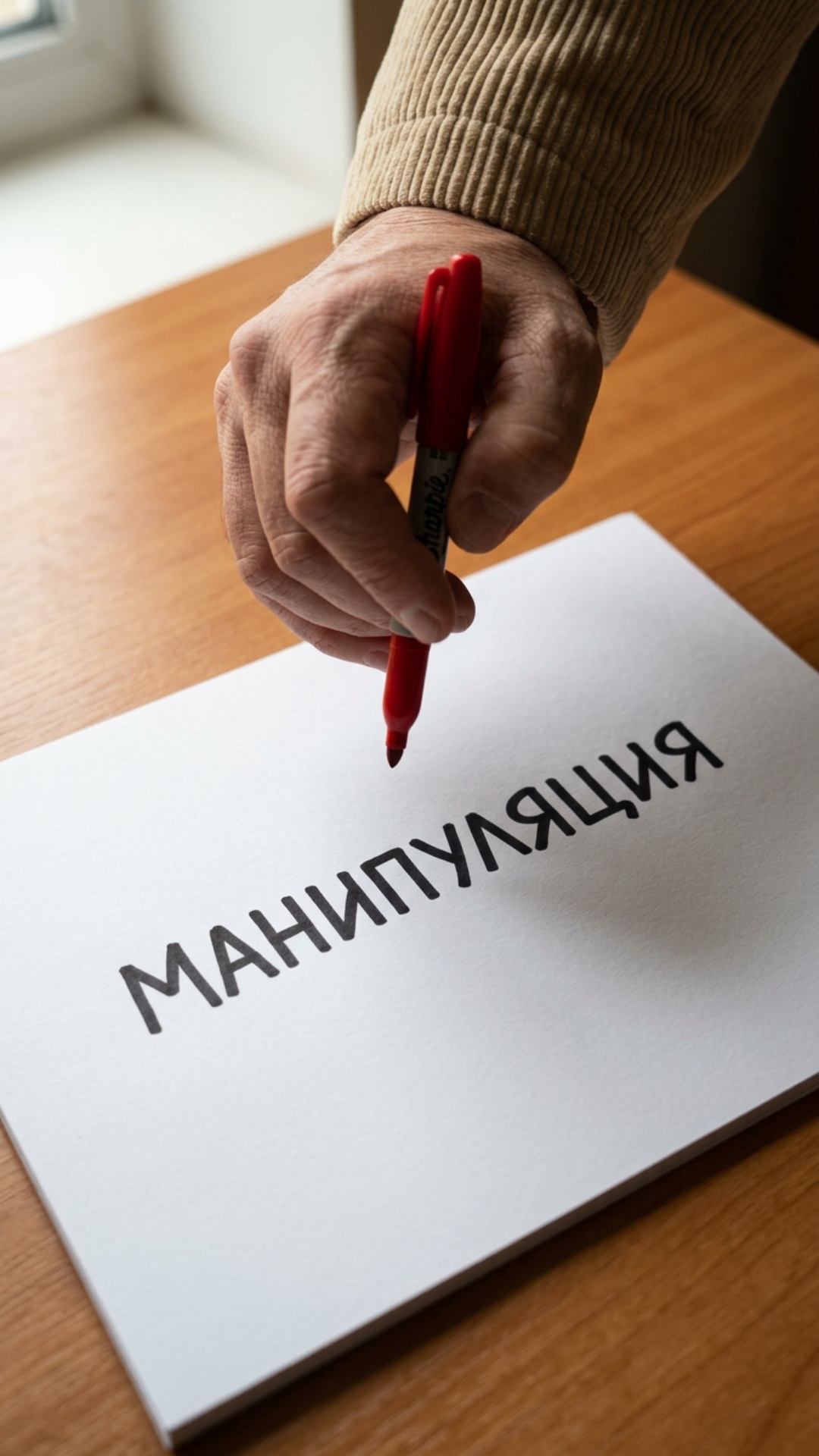 TOP-DOWN DOCUMENTARY PHOTO.

A white sheet of paper on a wooden desk.

The paper contains ONLY on...