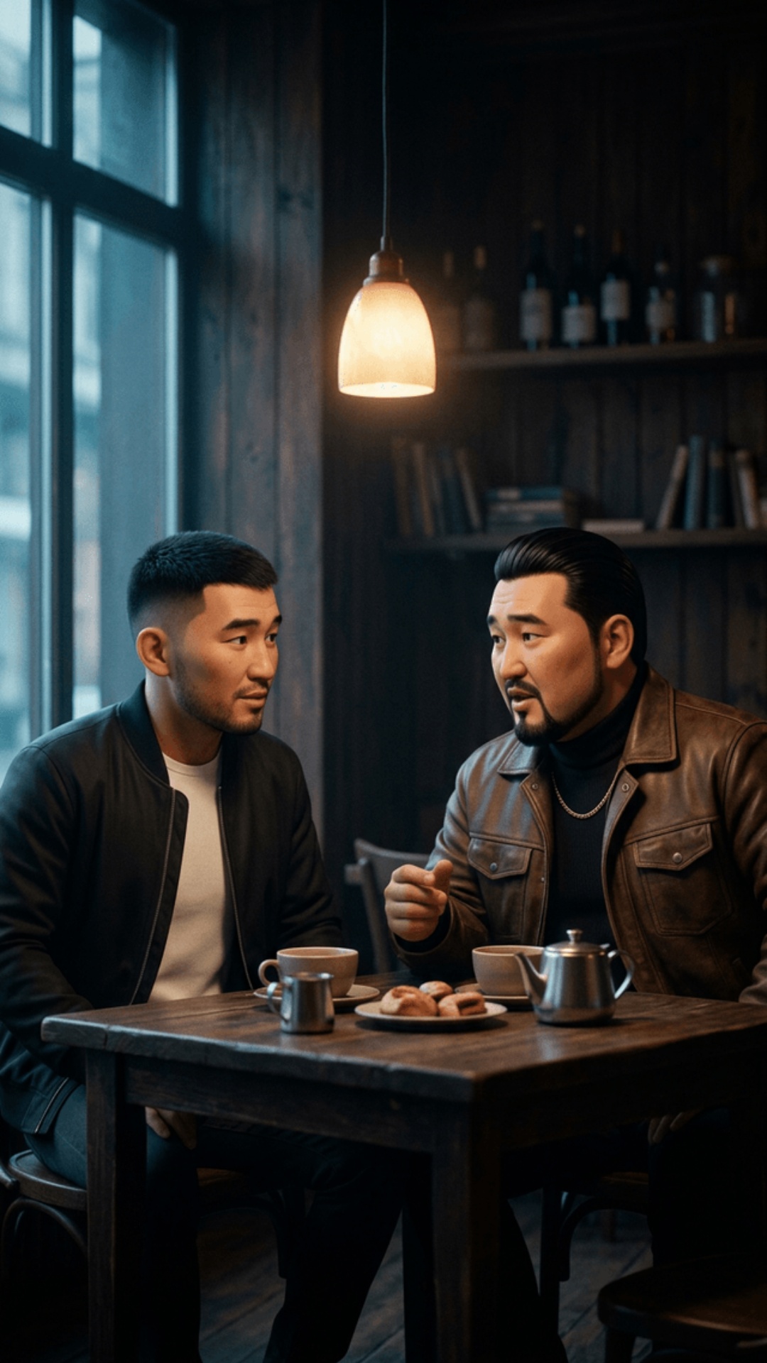 "Talant, 30-year-old Kyrgyz man, slicked-back hair, goatee, heavier build, brown leather jacket, ...
