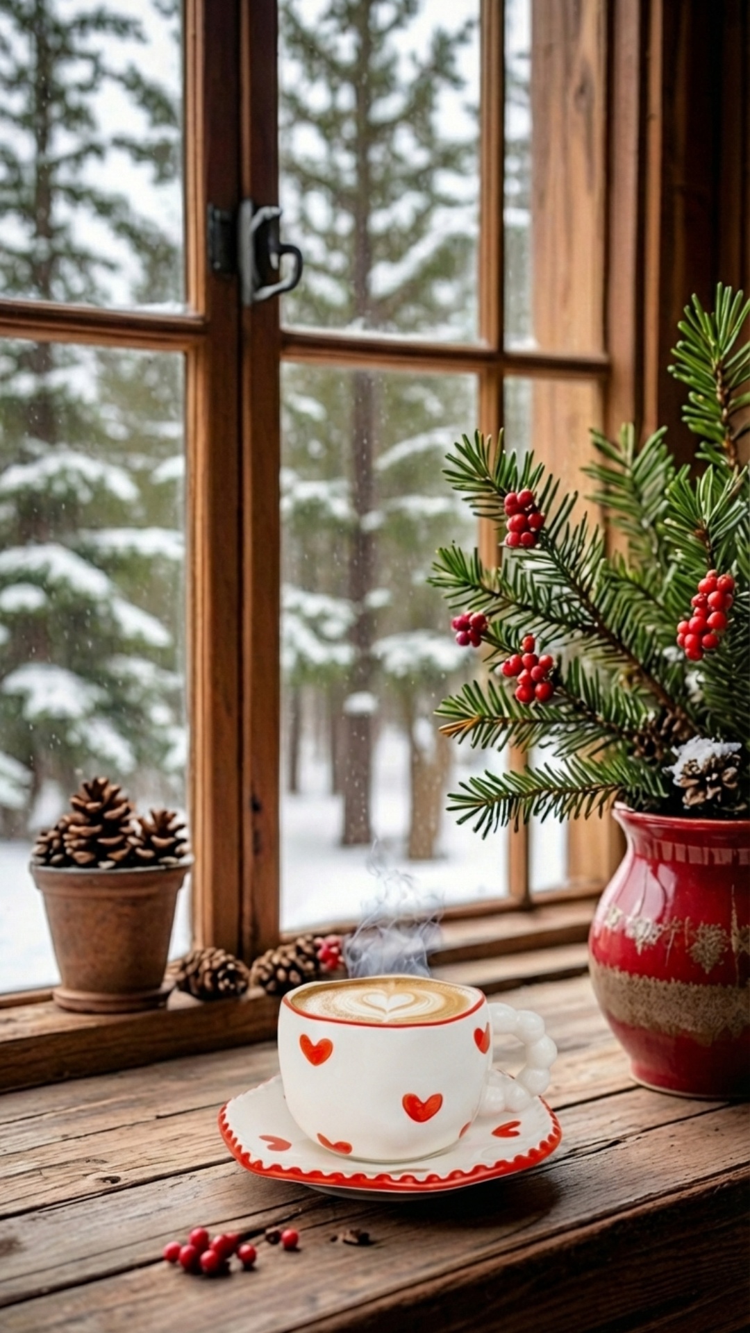 Use reference images. Cozy winter cabin windowsill, exact same tea cup and saucer 1:1. A realisti...