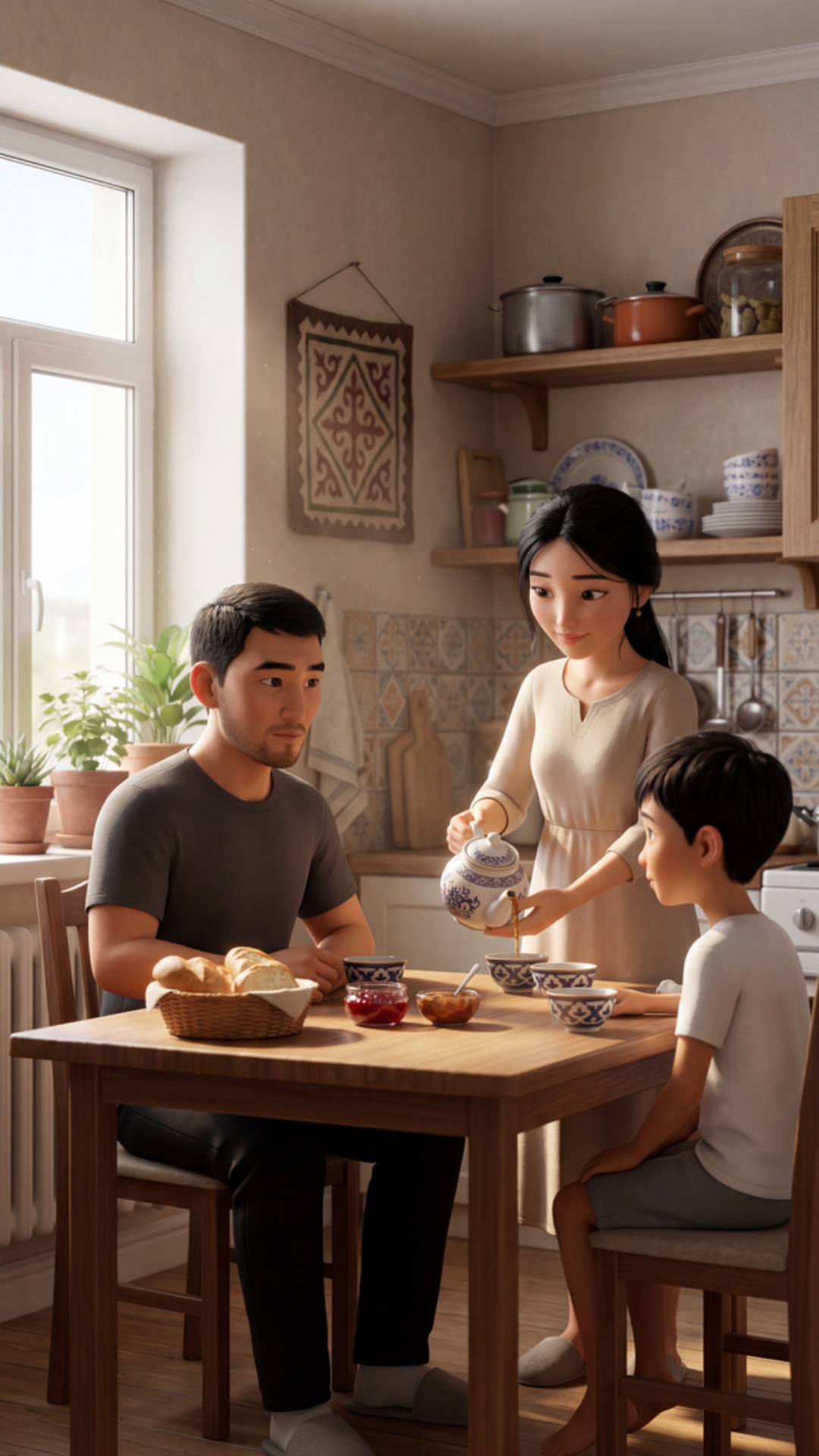 SCENE 1 — Morning calm, kitchen

Cinematic 3D Pixar-style animation, high-quality stylized real...