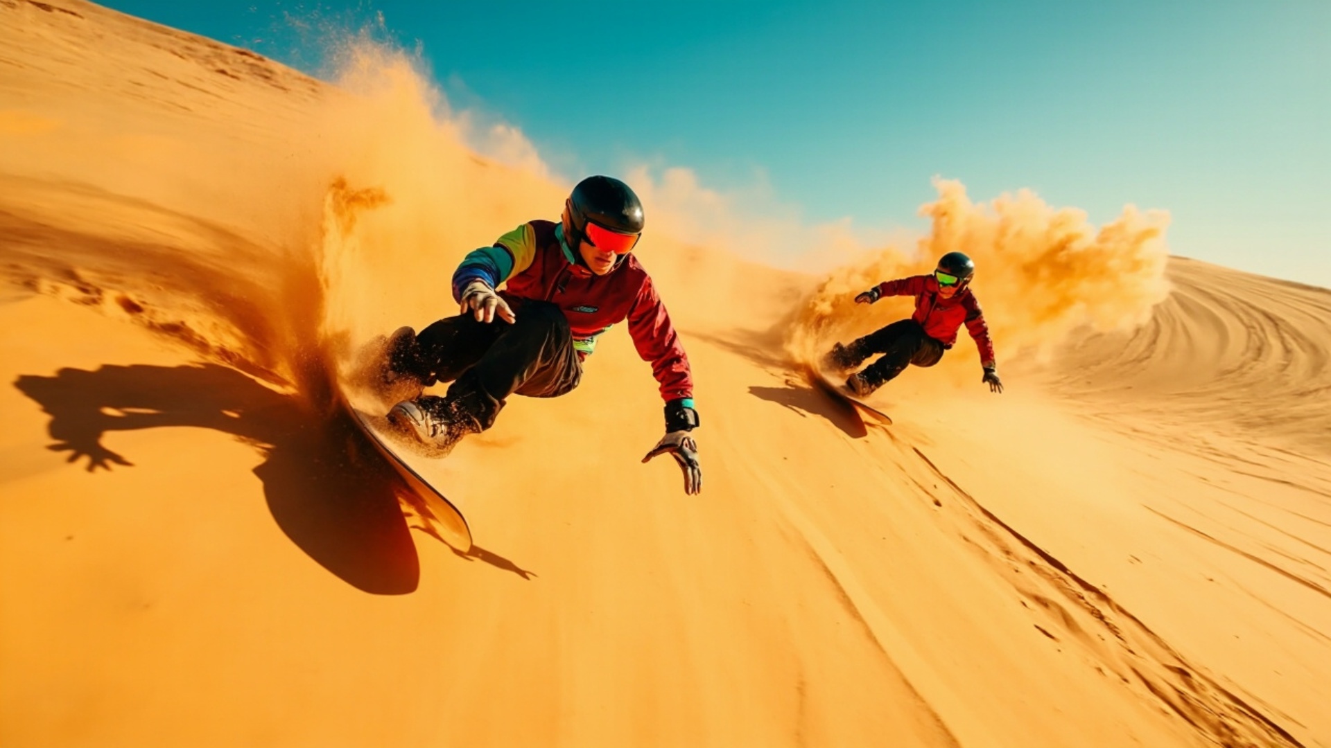 Two sandboarders racing down massive golden sand dunes, carving aggressively in wide S-curves, he...