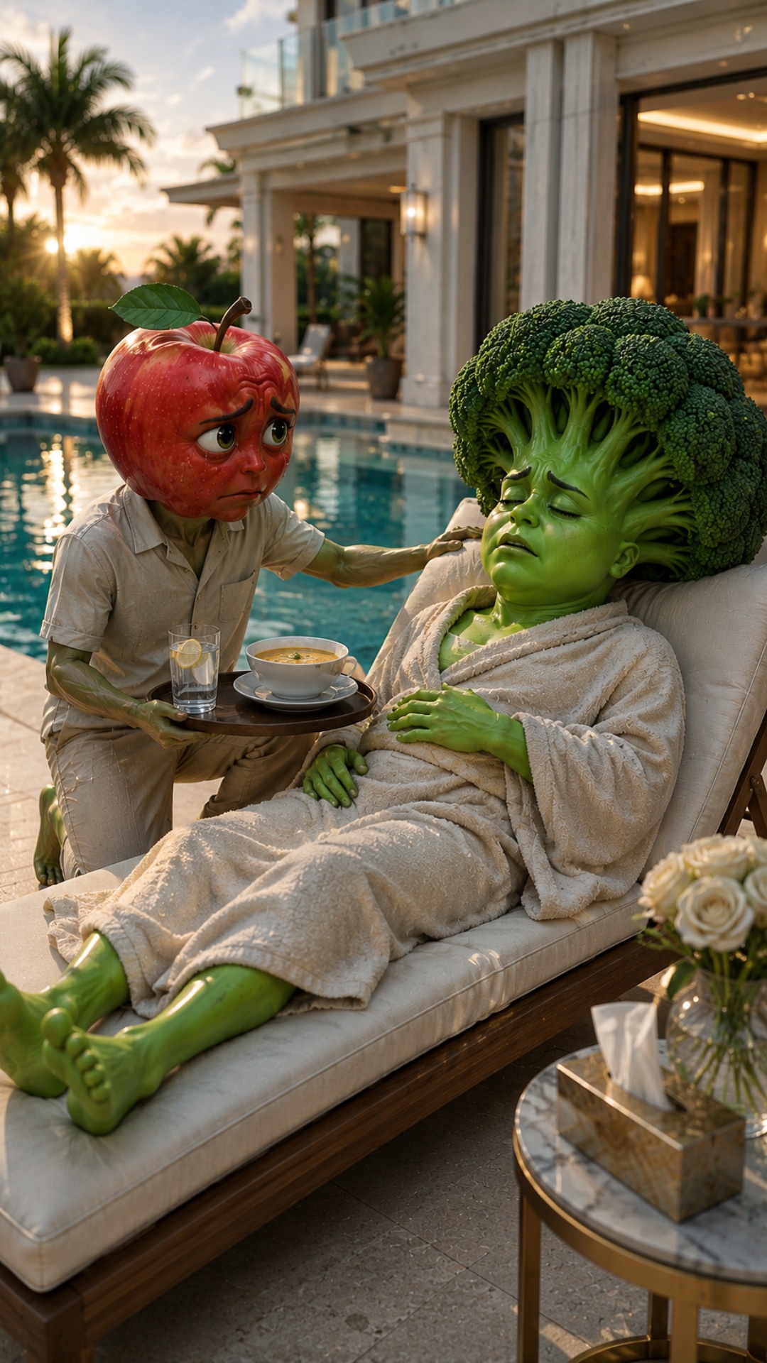 Apple फिर भी Broccoli की मदद करता है.
SFX: pool ambience